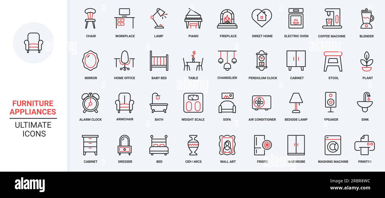 Home furniture and appliances red black thin line icons set vector ...