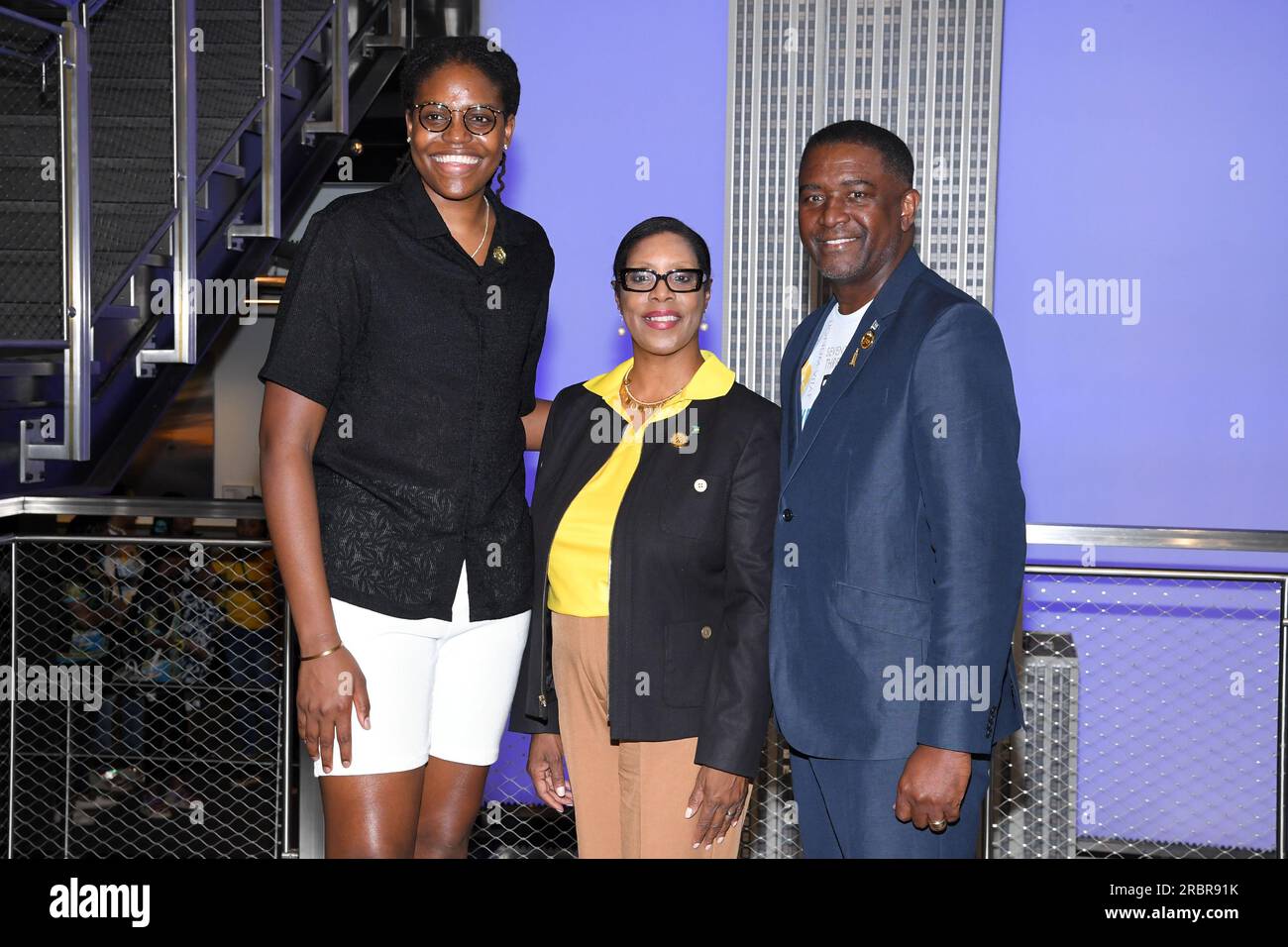 New York, USA. 10th July, 2023. Jonquel Jones, Valery Brown-Alce and Leroy F. Major visit the Empire State Building to celebrate the 50th Anniversary of Bahamas Independence Day in New York, NY on July 10, 2023. (Photo by Efren Landaos/Sipa USA) Credit: Sipa USA/Alamy Live News Stock Photo