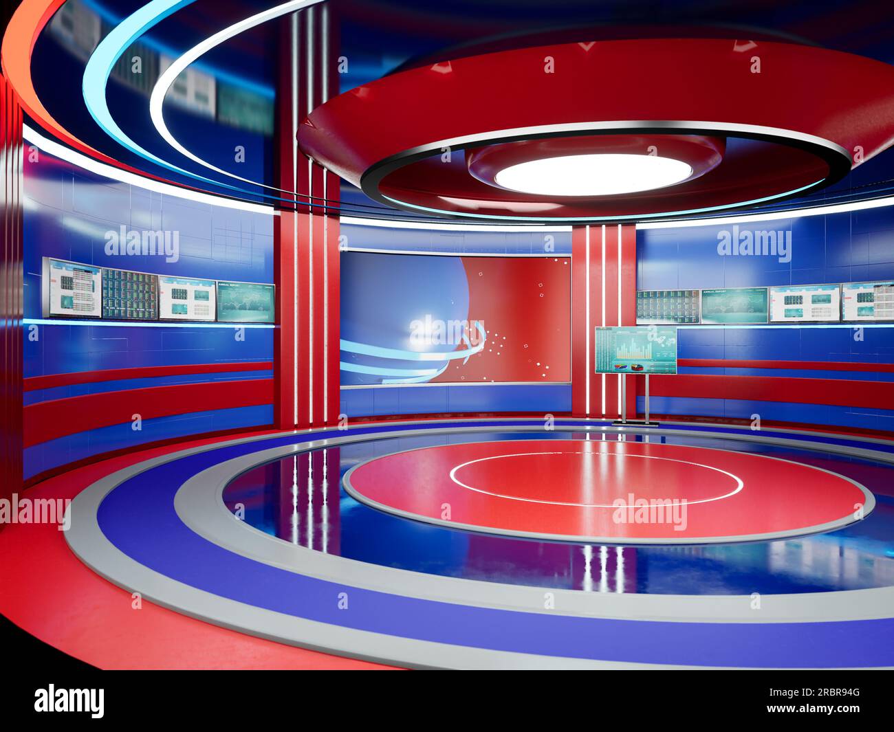 News room with stage for breaking news broadcasting on television