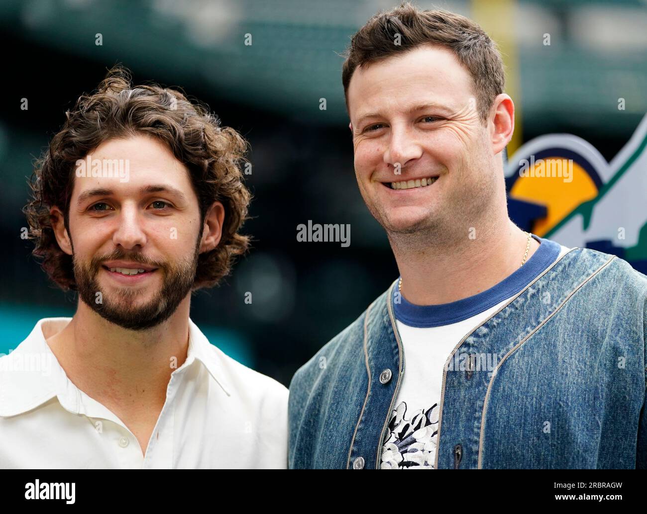 National League starting pitcher Zac Gallen, of the Arizona Diamondbacks,  left, and American League starting pitcher Gerrit Cole, of the New York  Yankees, pose for a photo following a press conference, Monday