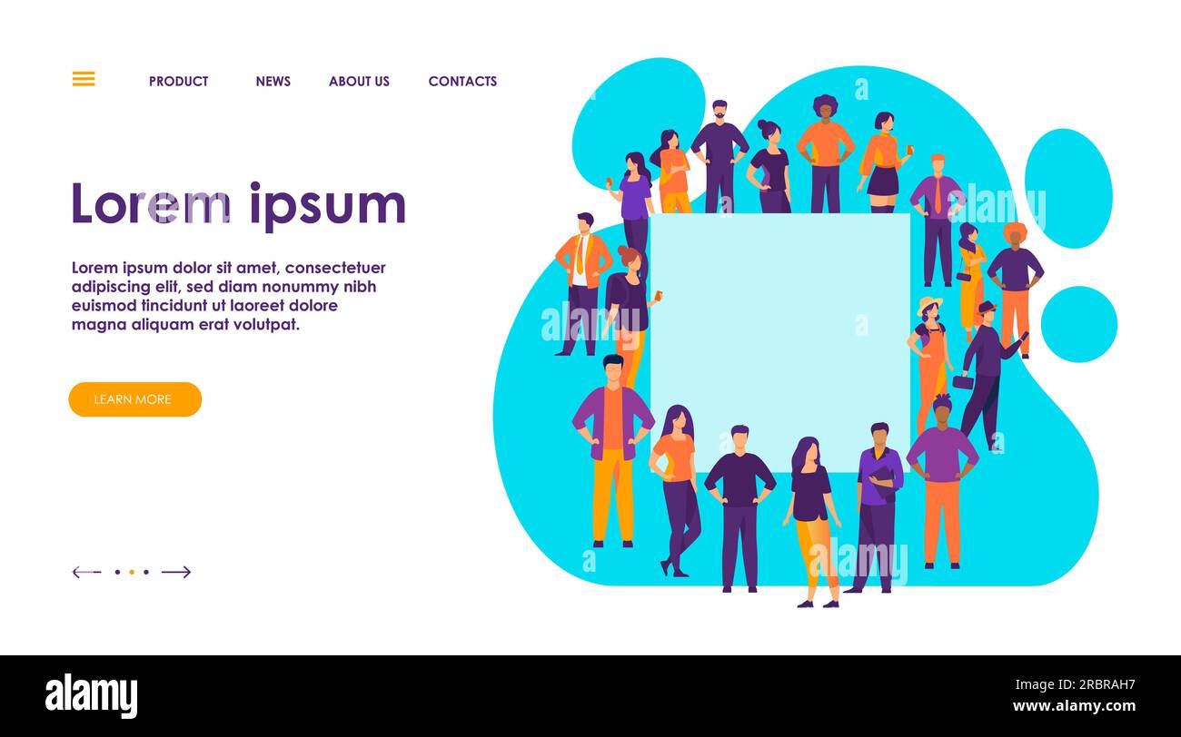 Crowd of diverse people standing together around empty banner Stock