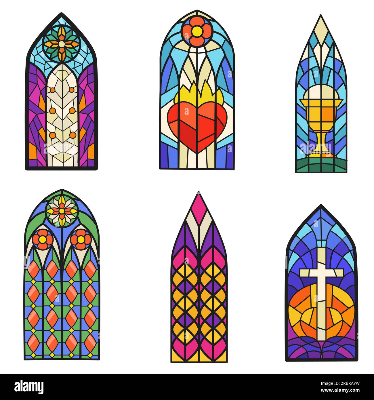Gothic colorful stained glass windows flat item set Stock Vector
