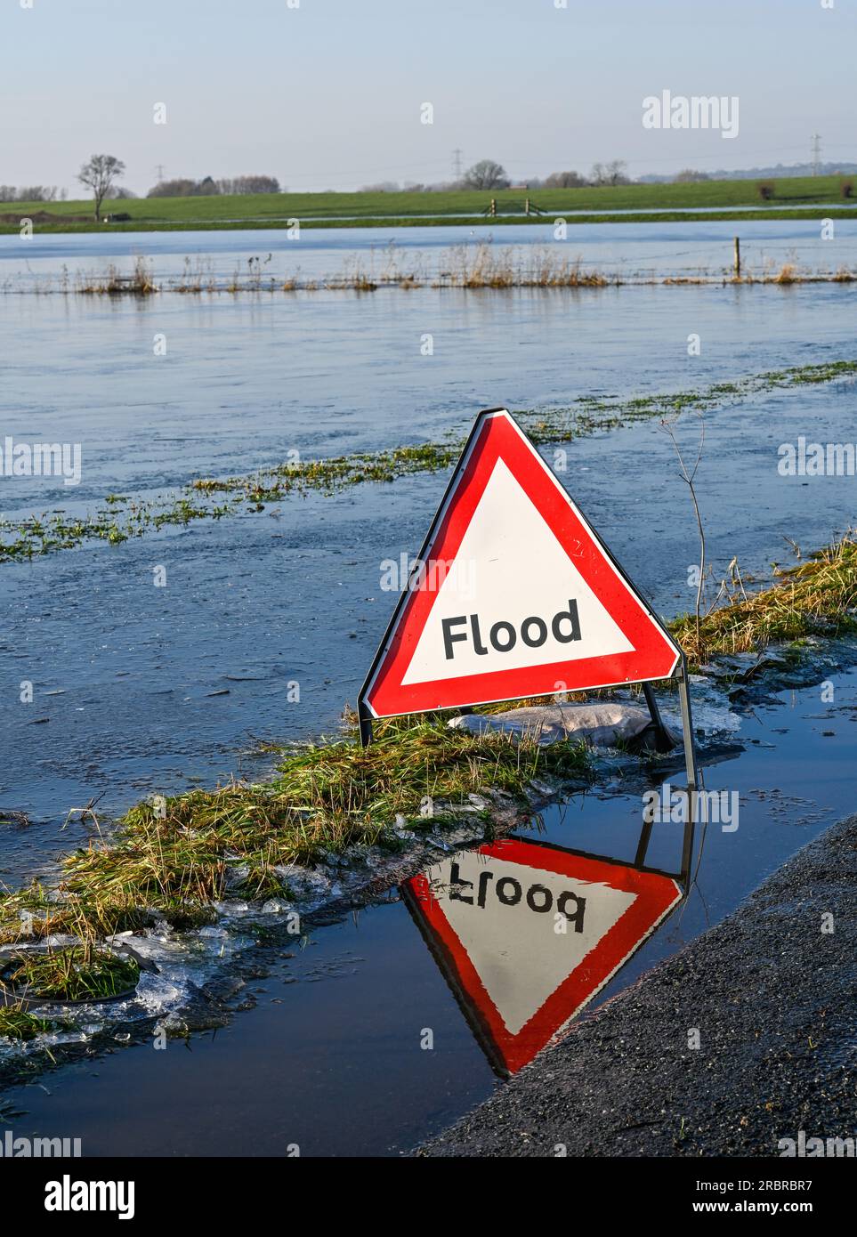 Godney near Glastonbury Somerset England.   Flooded road and Fields Stock Photo