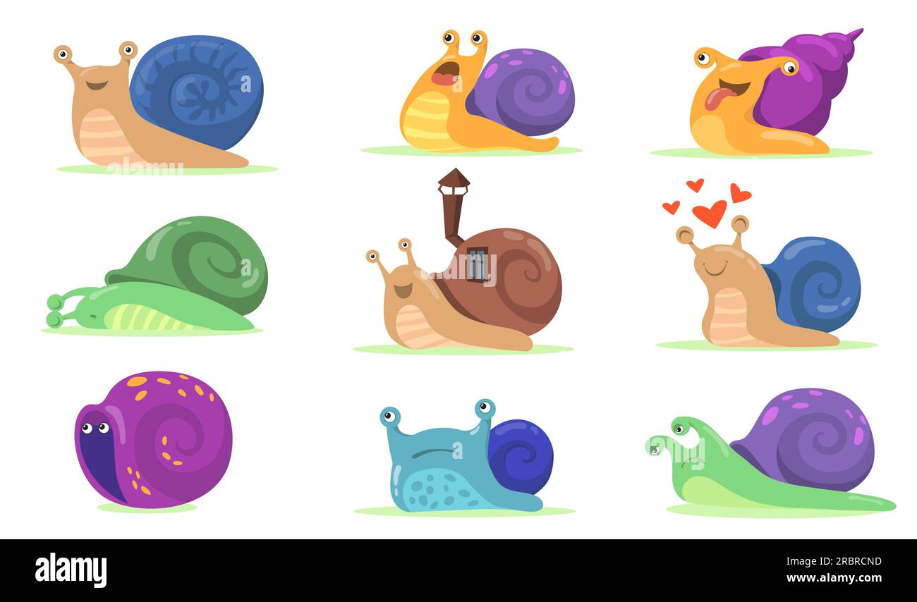 Funny snail characters flat set for web design Stock Vector