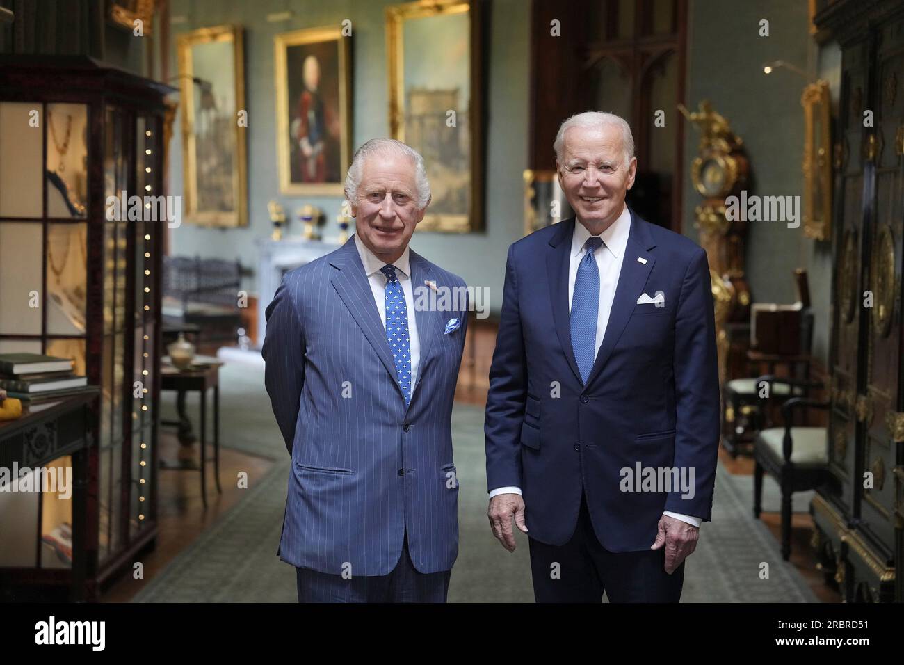 Windsor, United Kingdom. 10th July, 2023. U.S President Joe Biden, right, poses with Britain's King Charles III at Windsor Castle, July 10, 2023 in Windsor, England. Biden participated in the Climate Finance Mobilization Forum sponsored by the King. Credit: Adam Schultz/White House Photo/Alamy Live News Stock Photo