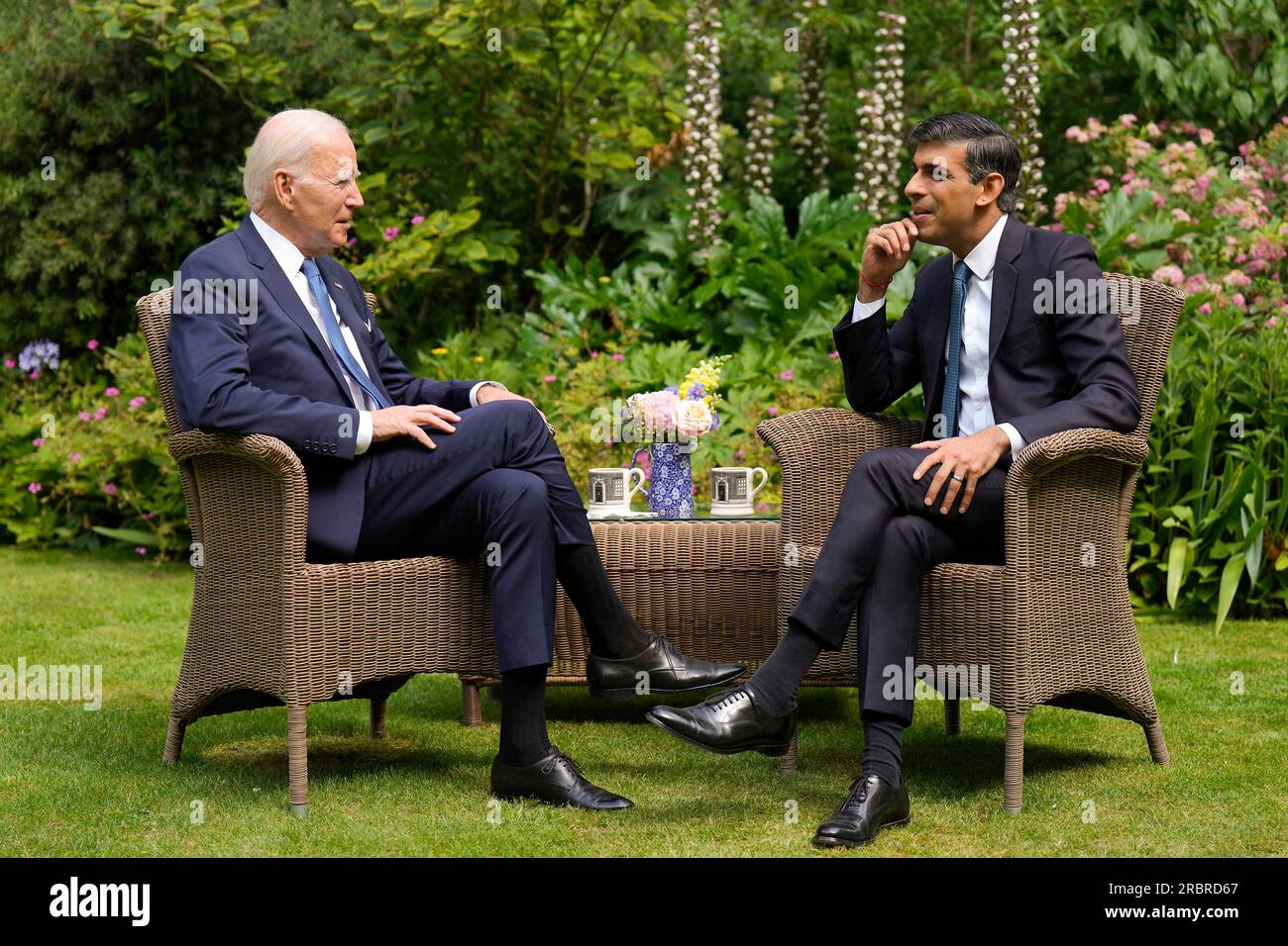 London, United Kingdom. 10th July, 2023. U.S President Joe Biden, left, during a one-on-one bilateral meeting over tea with British Prime Minister Rishi Sunak, in the garden at 10 Downing Street, July 10, 2023 in London, England. Biden is the United Kingdom prior to attending the NATO Summit in Lithuania. Credit: Adam Schultz/White House Photo/Alamy Live News Stock Photo