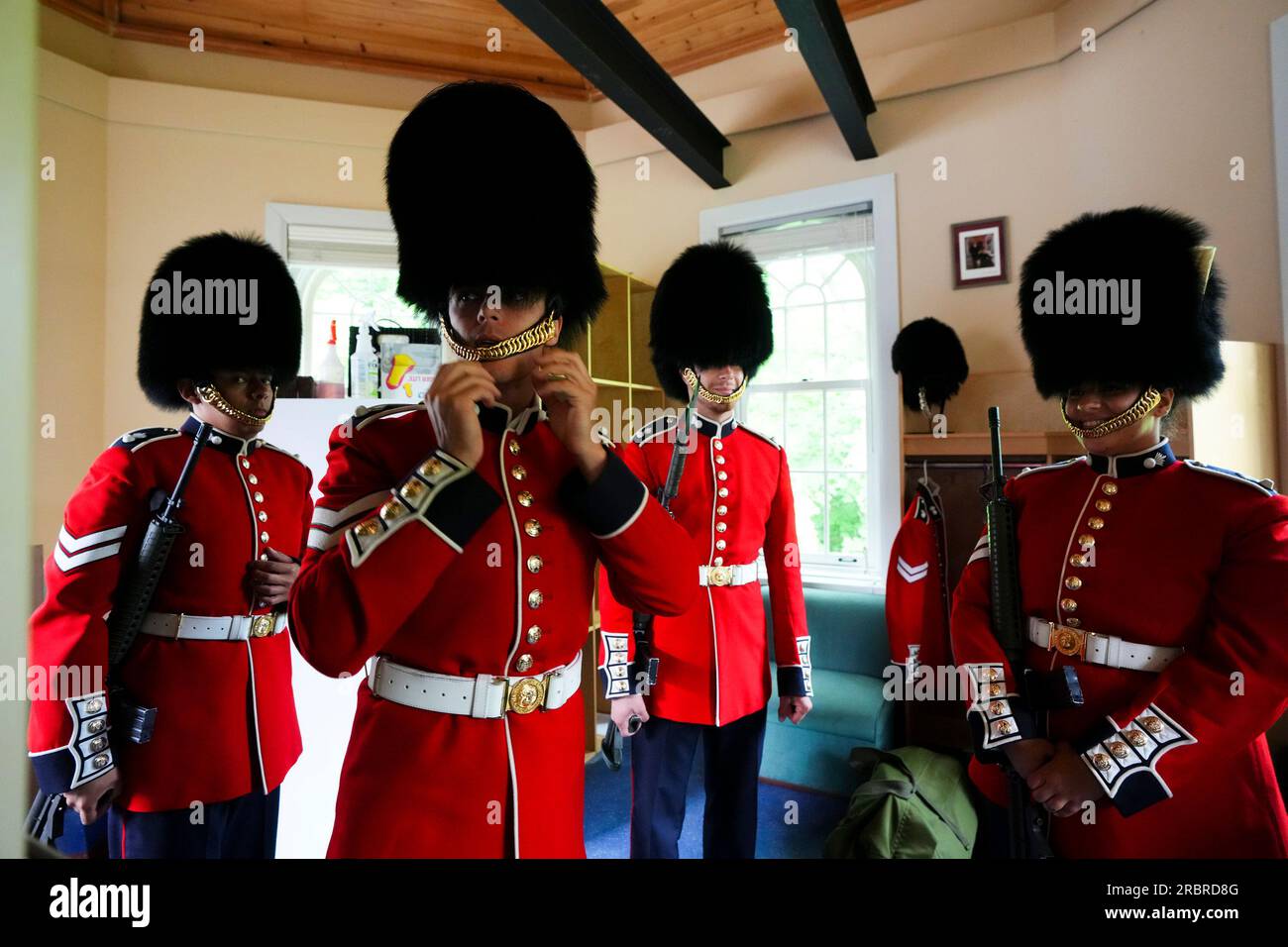 Ceremonial Guards from the Canadian Grenadier Guards (CGG) regiment prepare  for Sentry Duties at Rideau Hall, the residence of the Governor General of  Canada in Ottawa, Ontario, Friday, July 7, 2023. The