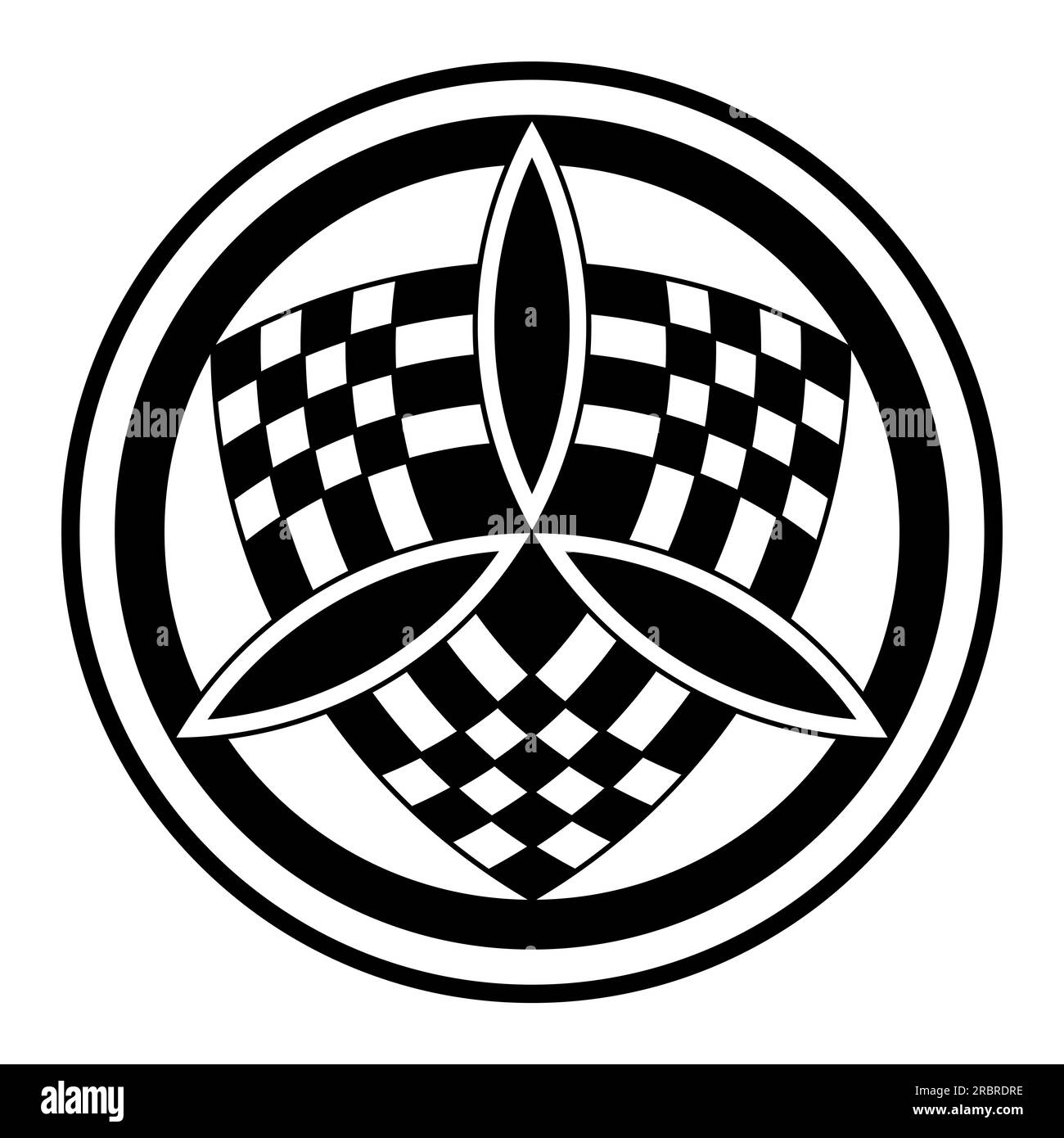 Trinity symbol over a checkered emblem within circles. Three vesica piscis lenses forming an equilateral triangle, over a shield. Stock Photo