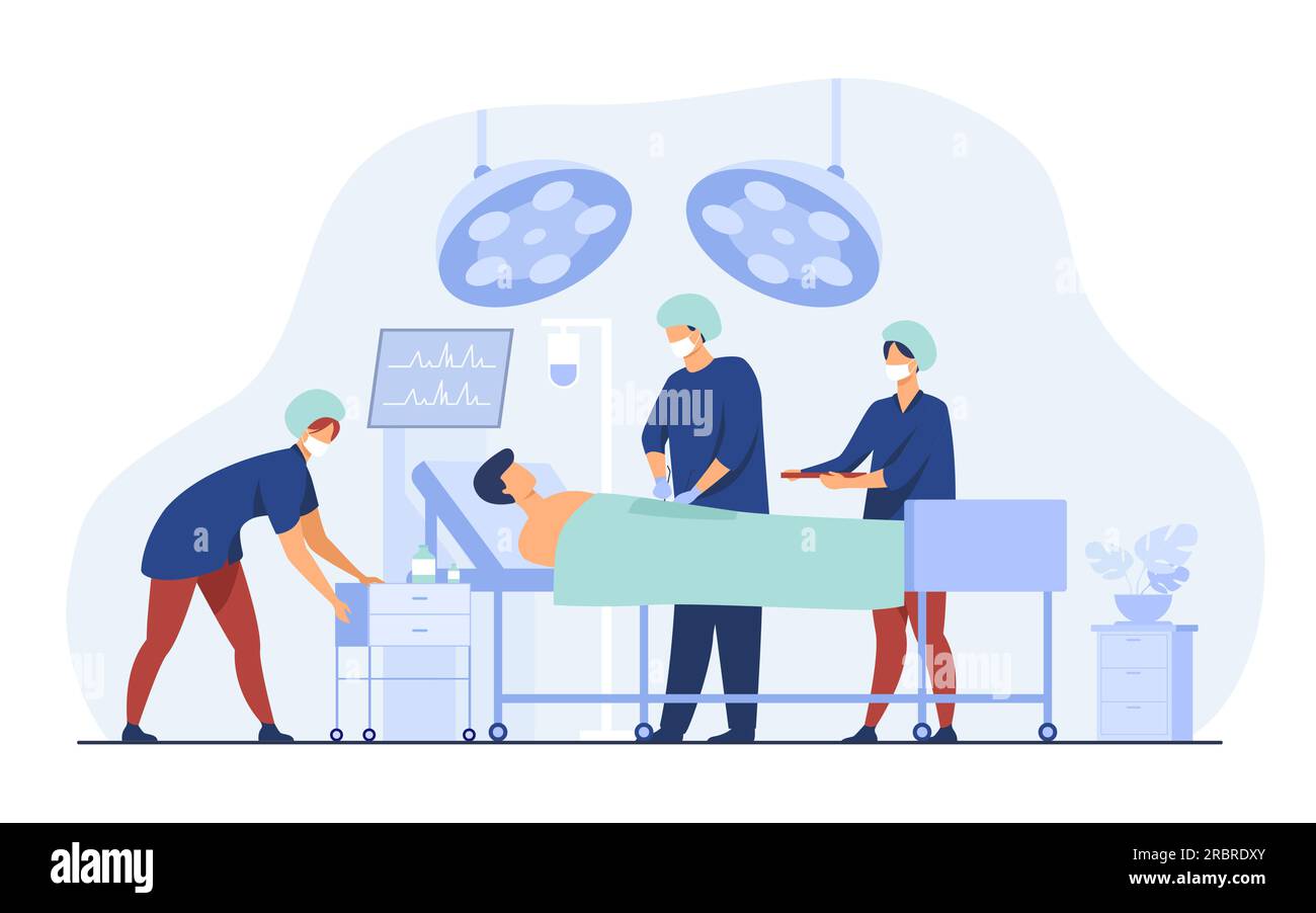 Surgeons team surrounding patient on operation table Stock Vector
