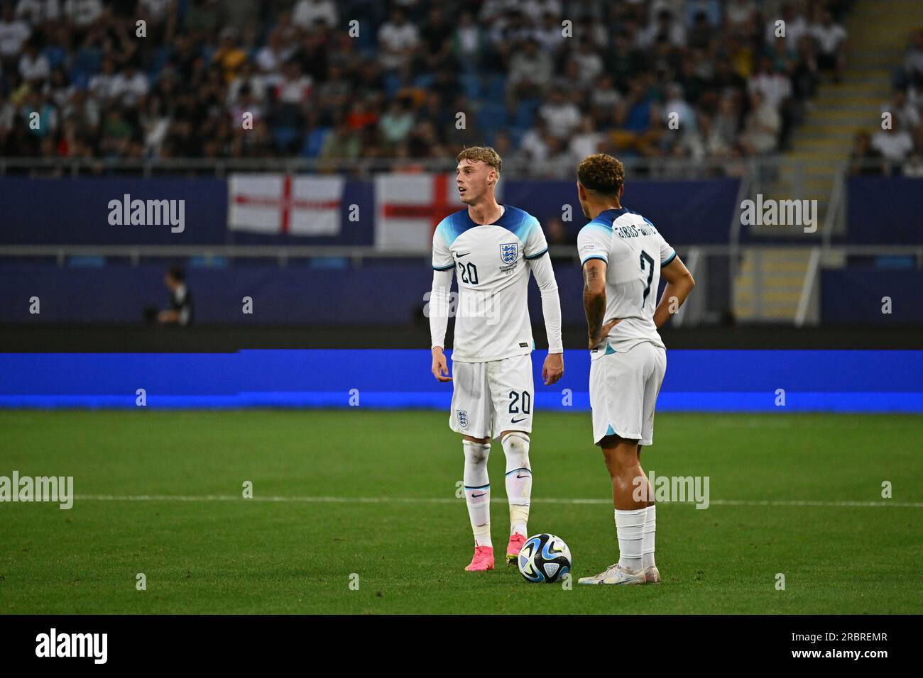 BATUMI, GEORGIA - JULY 8: Cole Palmer, Morgan Gibbs-White during the UEFA Under-21 Euro 2023 final match between England and Spain on July 8, 2023 on Stock Photo