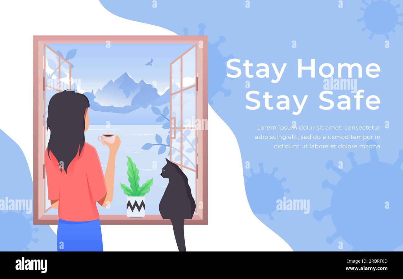 Quarantine and self isolation vector concept. Girl and cat looking out