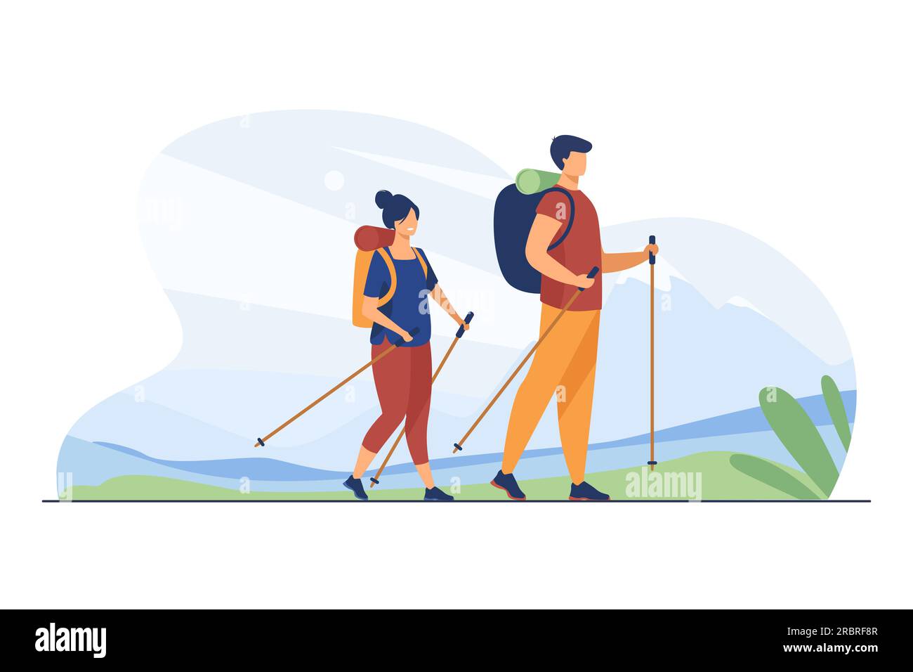 Couple with backpacks walking outdoors Stock Vector