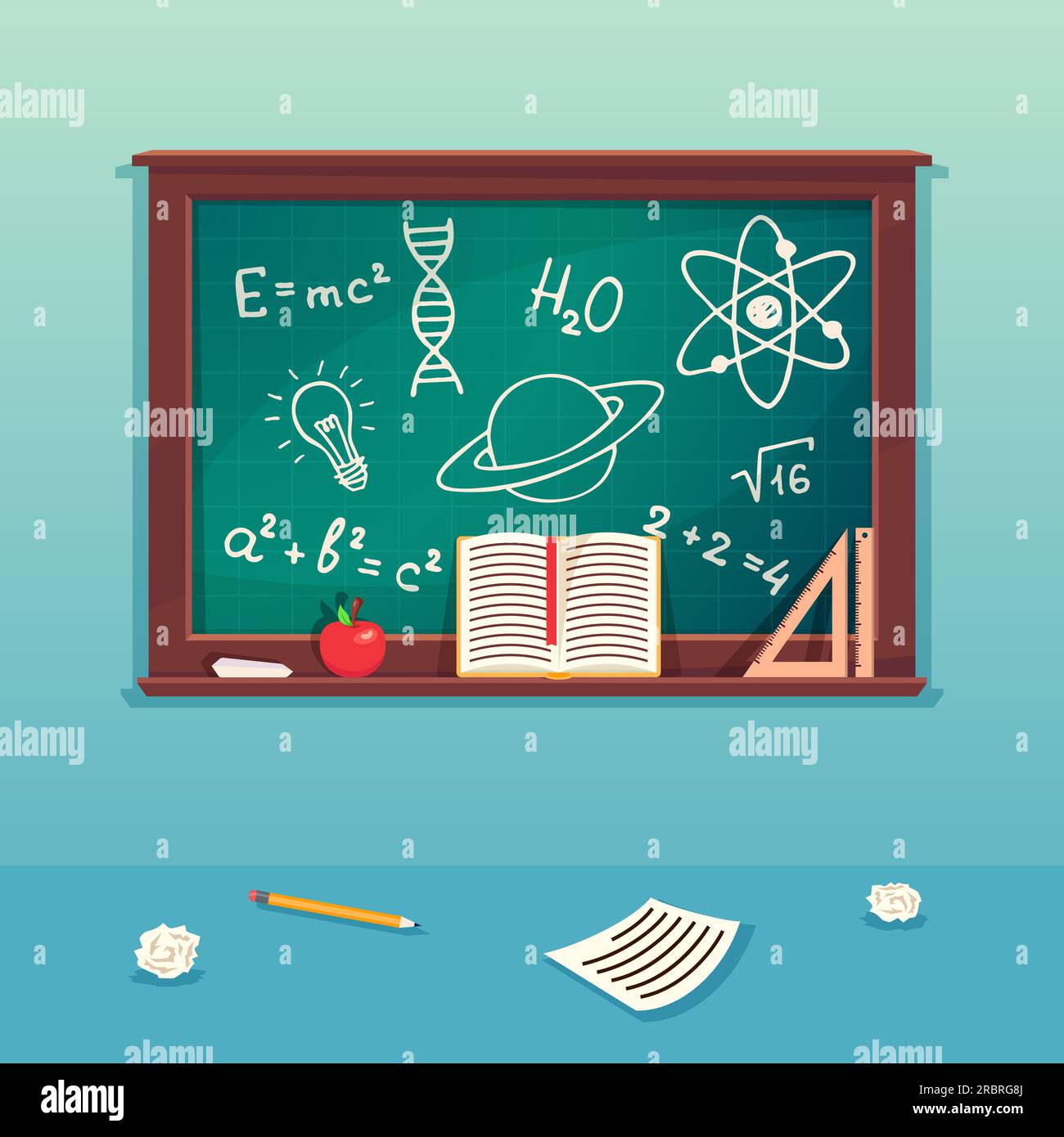 Class blackboard with chalk piece and school supplies. Blackboard for school, chalkboard for