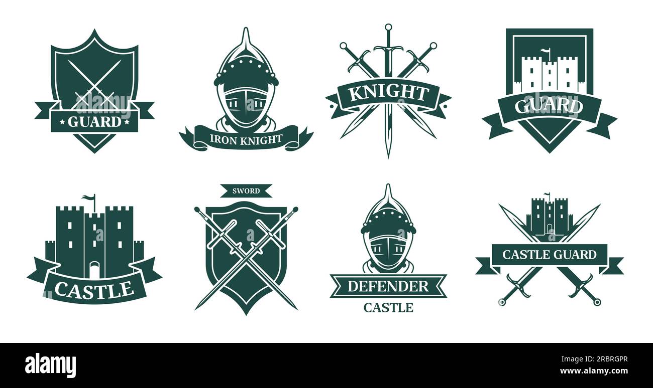 Ancient knight or fighter monochrome flat sign set Stock Vector