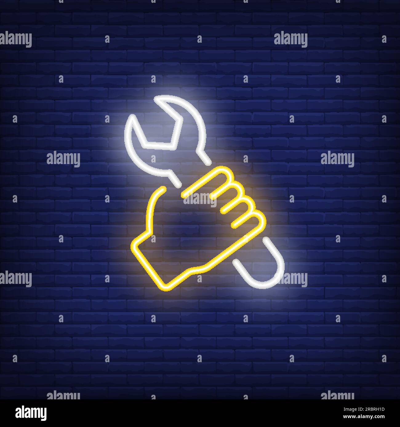 Hand with wrench neon sign Stock Vector