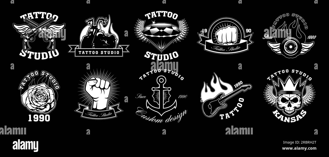 Tattoo studio emblems set Stock Vector