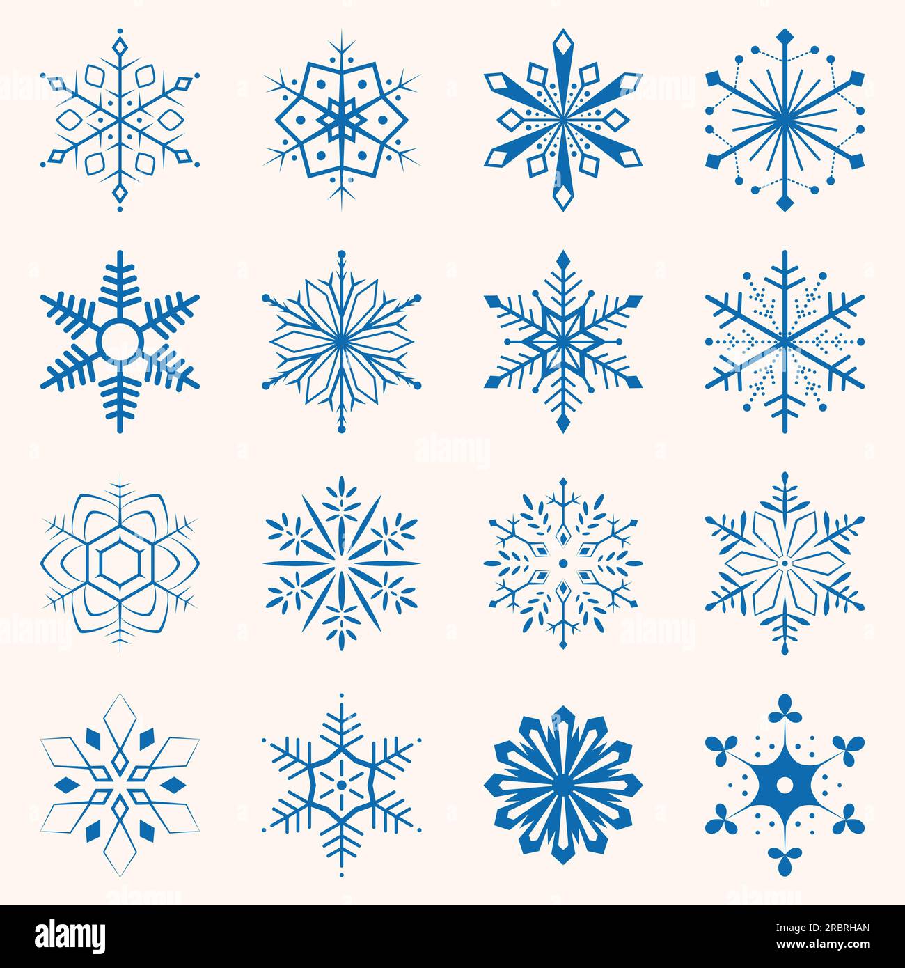 Collection of blue snowflakes. Sixteen snowflakes of different shapes ...