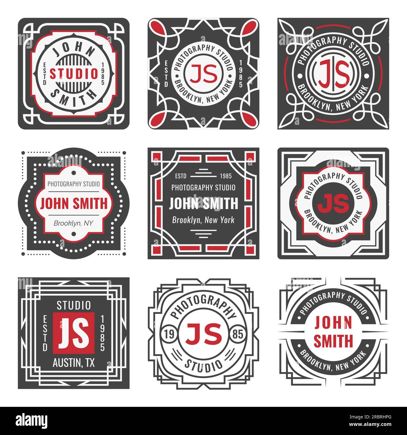 Set of nine stylish line insignias. Decorative geometric frames and