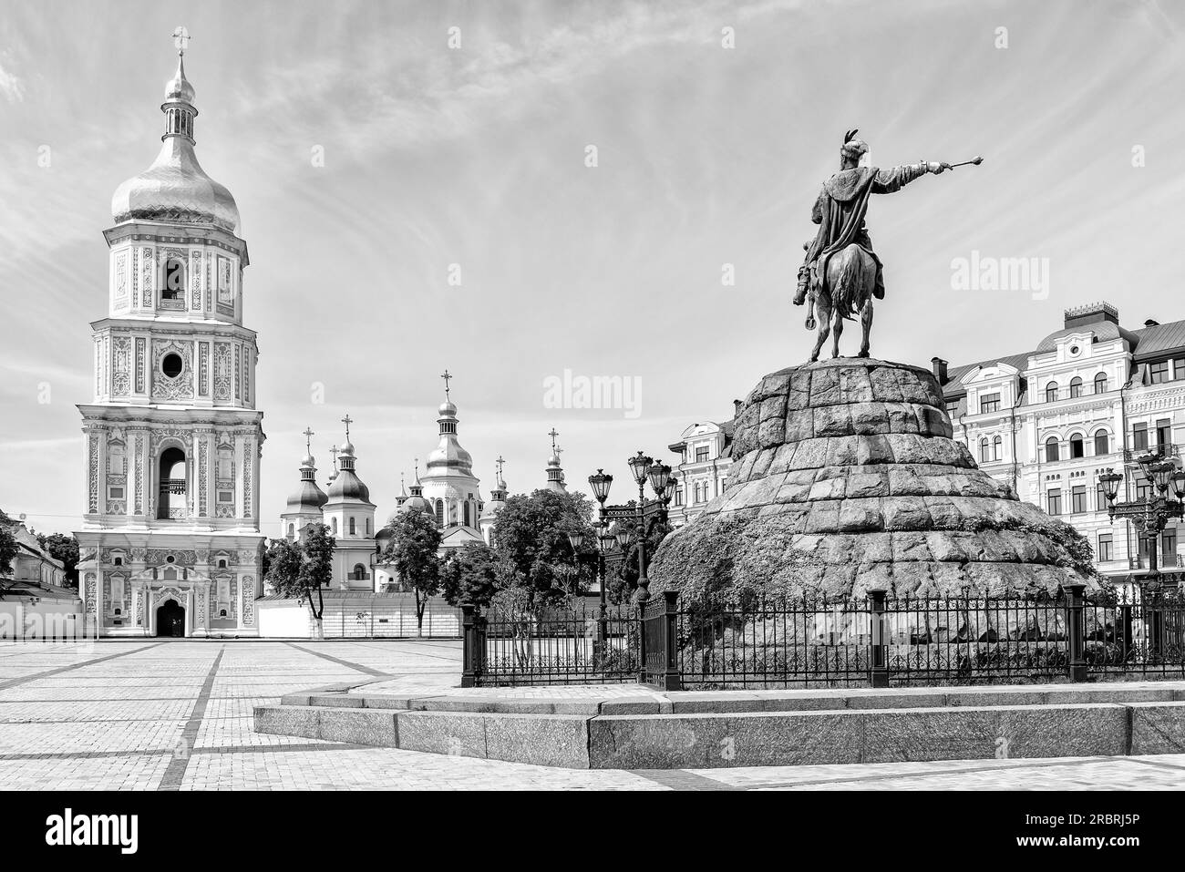 Black and white photo of Saint Sophia Church and Bohdan Khmelnytsky statue in Kiev, Ukraine Stock Photo