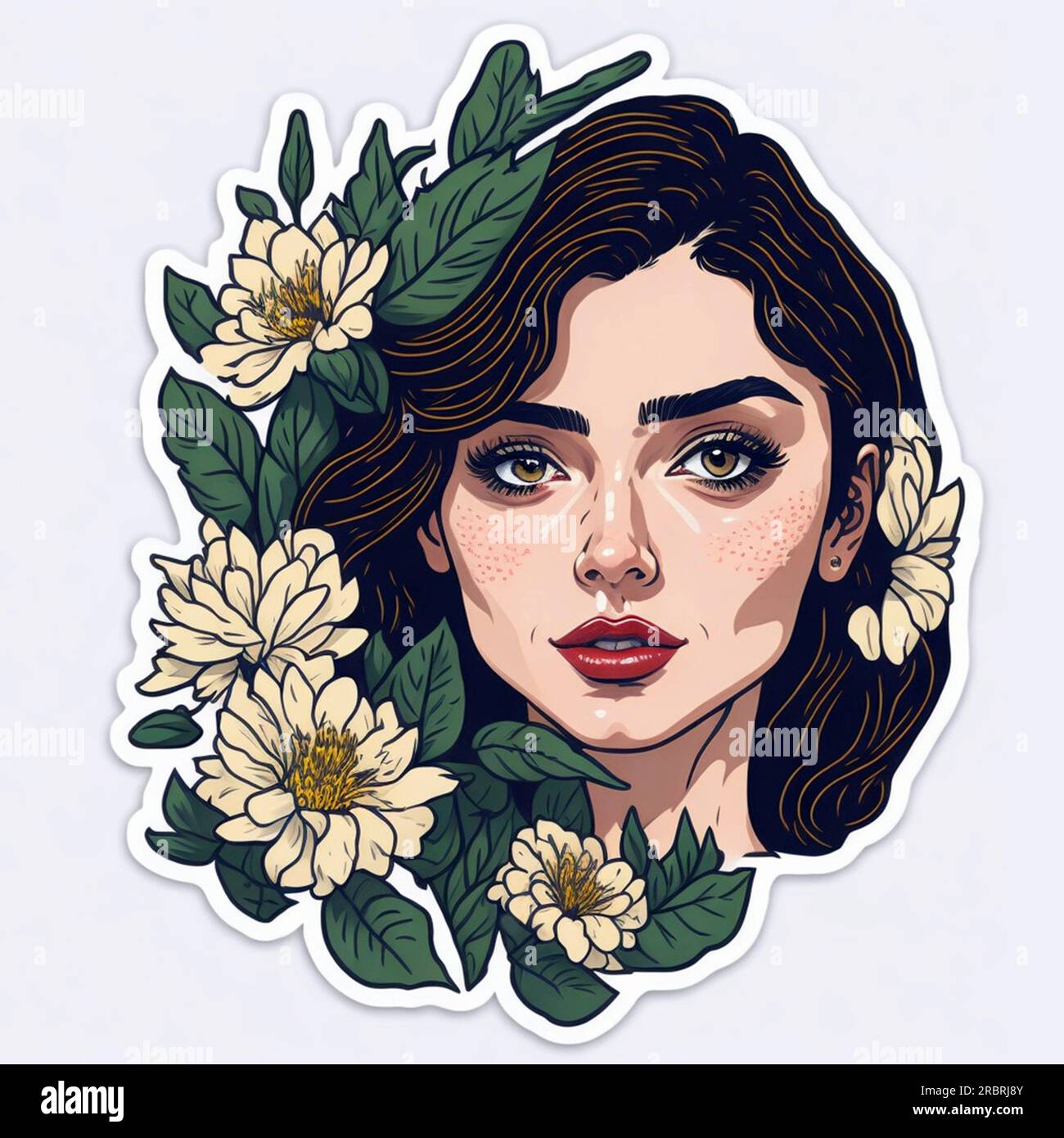 Illustration of actress Ana de Armas with flowers. Tattoo design Stock