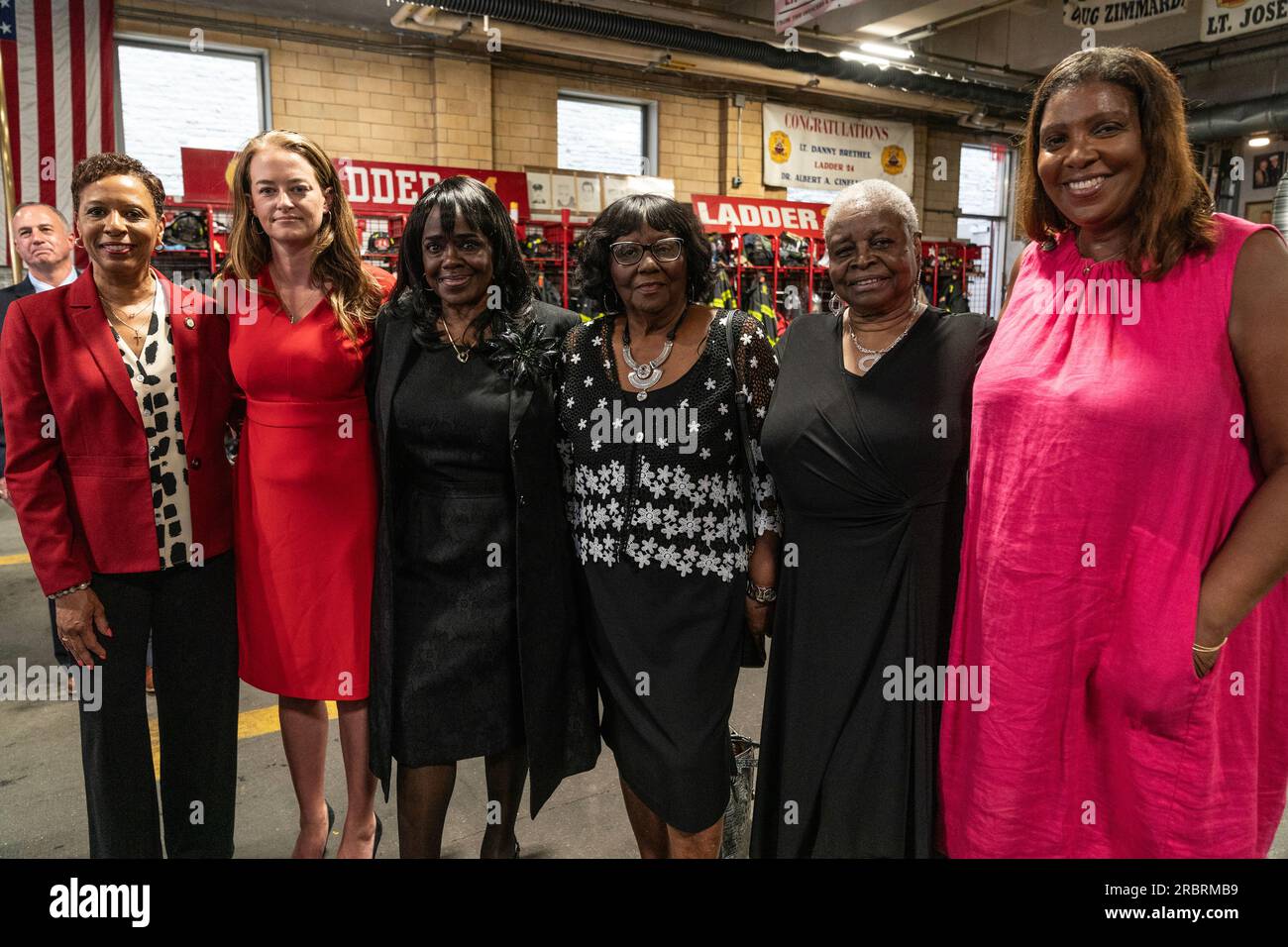 Adrienne Adams, Laura Kavanagh, Gwendolyn Webb, Gwendolyn Gamble, Gloria Washington, Letitia James attend press conference on anniversary of Children's Crusade or Children's March as it is known at FDNY Engine 1, Ladder 24 station in New York on July 10, 2023 Stock Photo