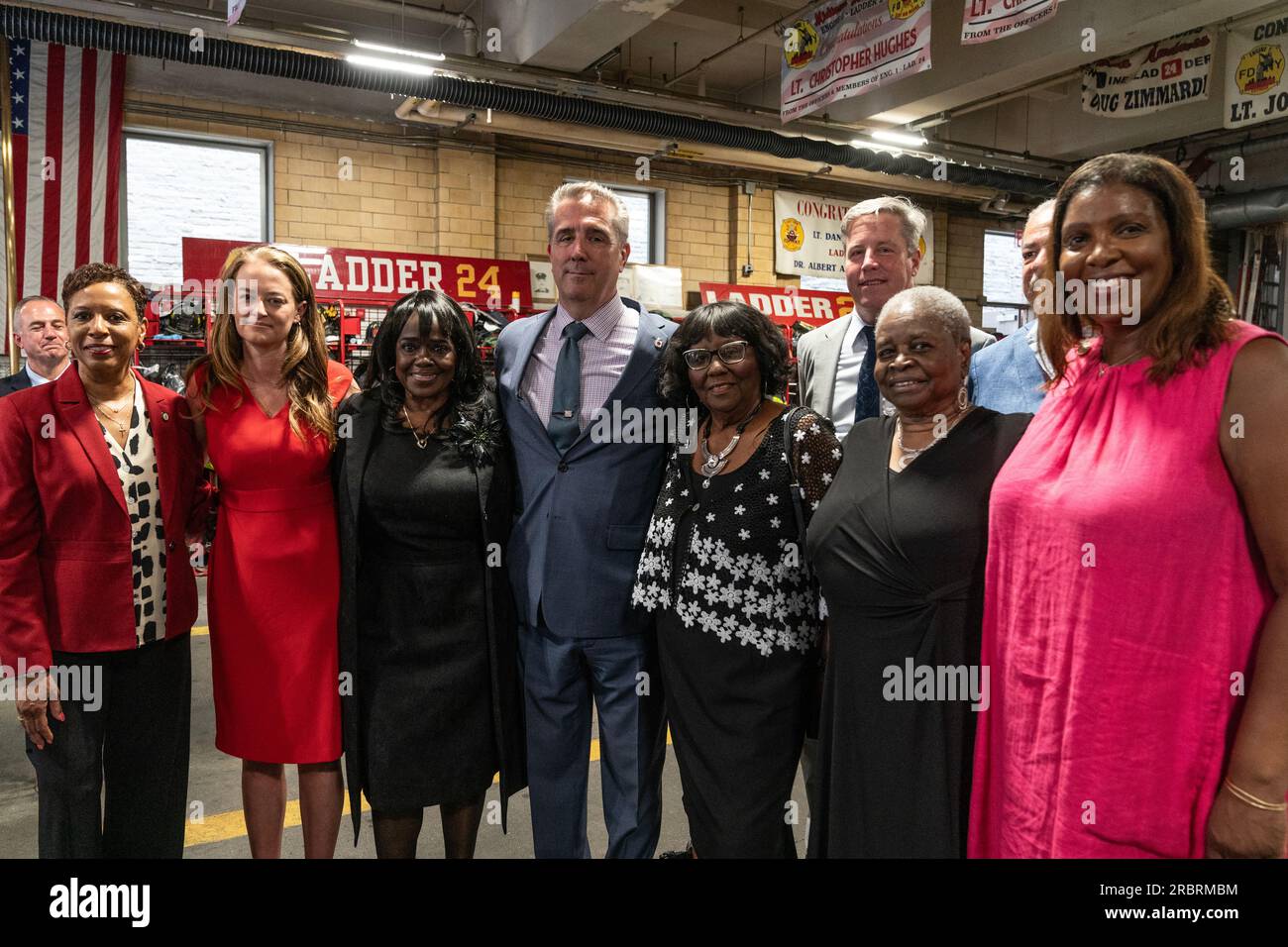 Adrienne Adams, Laura Kavanagh, Gwendolyn Webb, James McCarthy, Gwendolyn Gamble, Gloria Washington, Letitia James attend press conference on anniversary of Children's Crusade or Children's March as it is known at FDNY Engine 1, Ladder 24 station in New York on July 10, 2023 Stock Photo