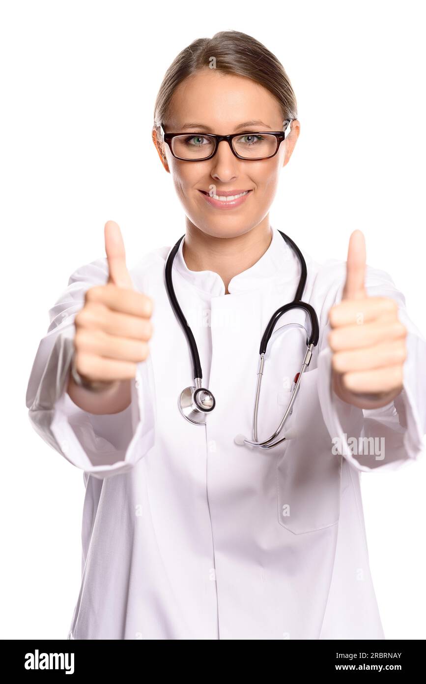 Motivated attractive female doctor or nurse in a white coat and