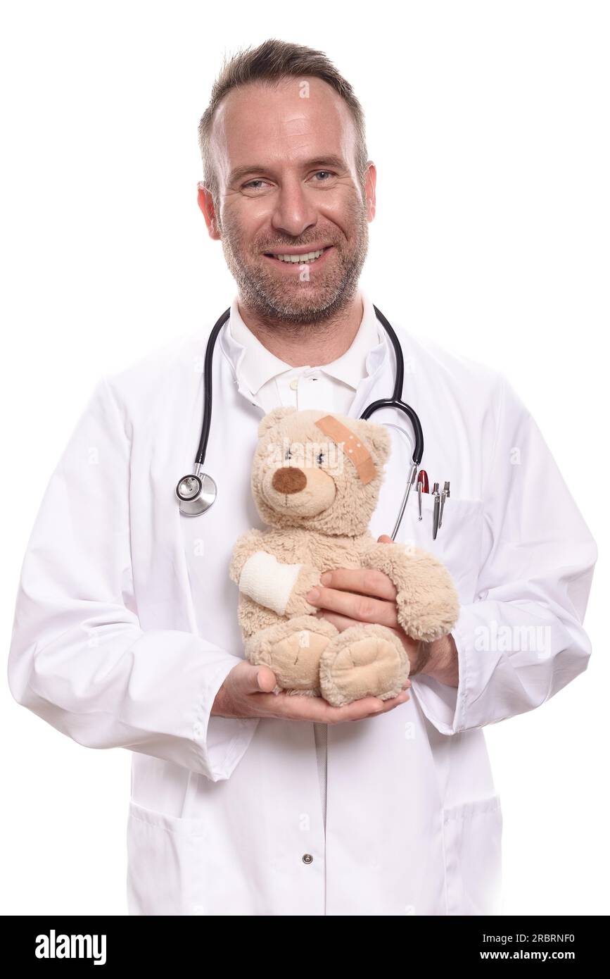 Friendly smiling middleaged male paediatrician with unshaven stubble