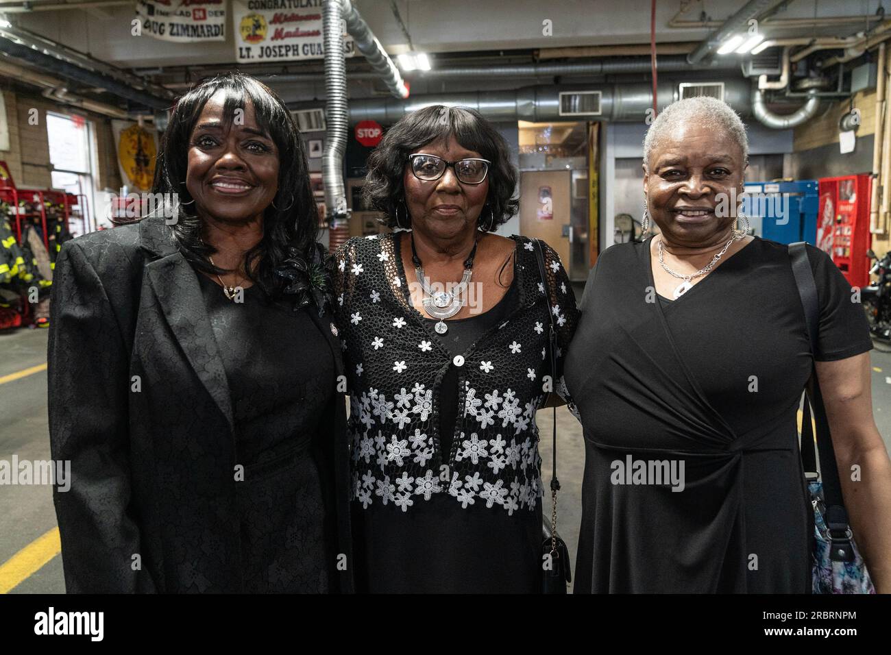 Gwendolyn Webb, Gwendolyn Gamble, Gloria Washington attend press conference on anniversary of Children's Crusade or Children's March as it is known at FDNY Engine 1, Ladder 24 station in New York on July 10, 2023. March was held in Birmingham, Alabama on 2 - 10 May, 1963 and was attended by more than 5,000 school children, 3 of them joined this press conference: Gloria Washington, Gwendolyn Gamble, Gwyndolyn Webb. Members of FDNY at the time stood up against the City of Birmingham fire department using force against children. (Photo by Lev Radin/Sipa USA) Stock Photo