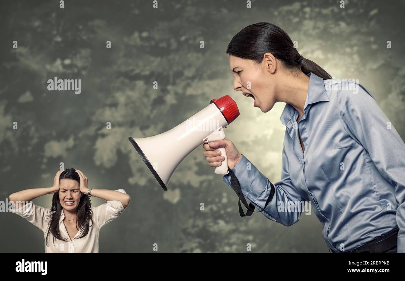 Conceptual Giant Office Woman Shouting Using Megaphone to Stressed Woman Against Abstract Background Stock Photo