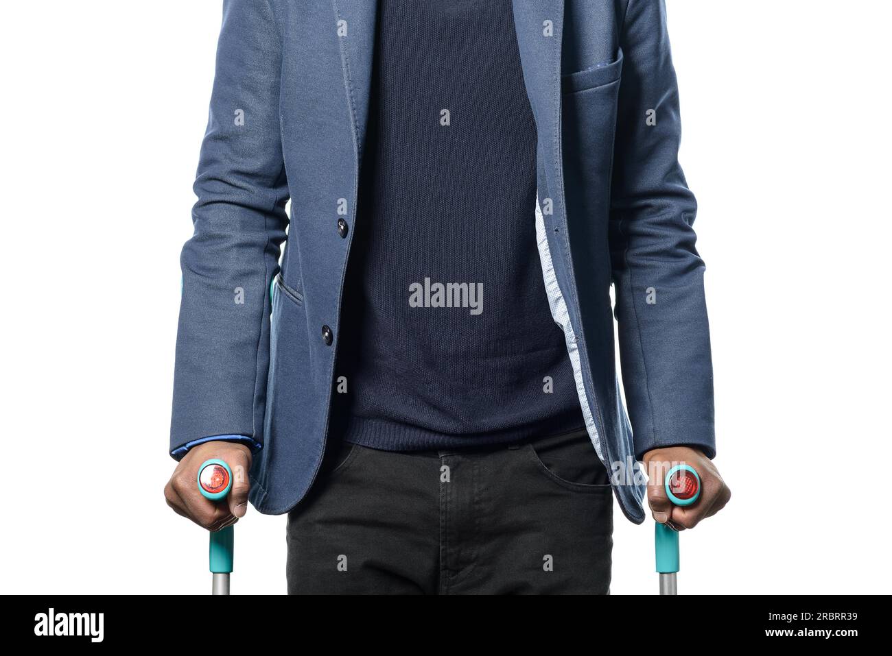 Disabled african man in blue jacket Walking with Two Crutches, Isolated