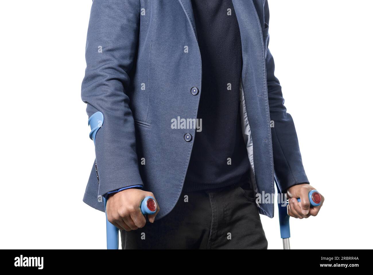 Disabled african man in blue jacket Walking with Two Crutches, Isolated