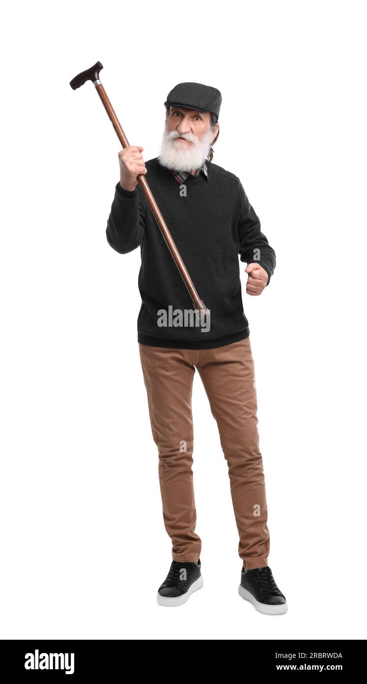 Senior man with walking cane on white background Stock Photo - Alamy
