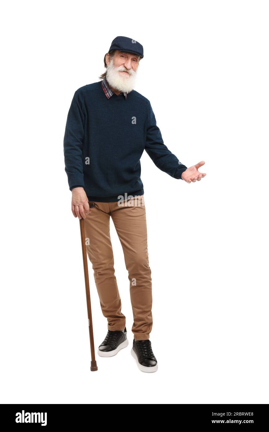 Senior man with walking cane on white background Stock Photo - Alamy