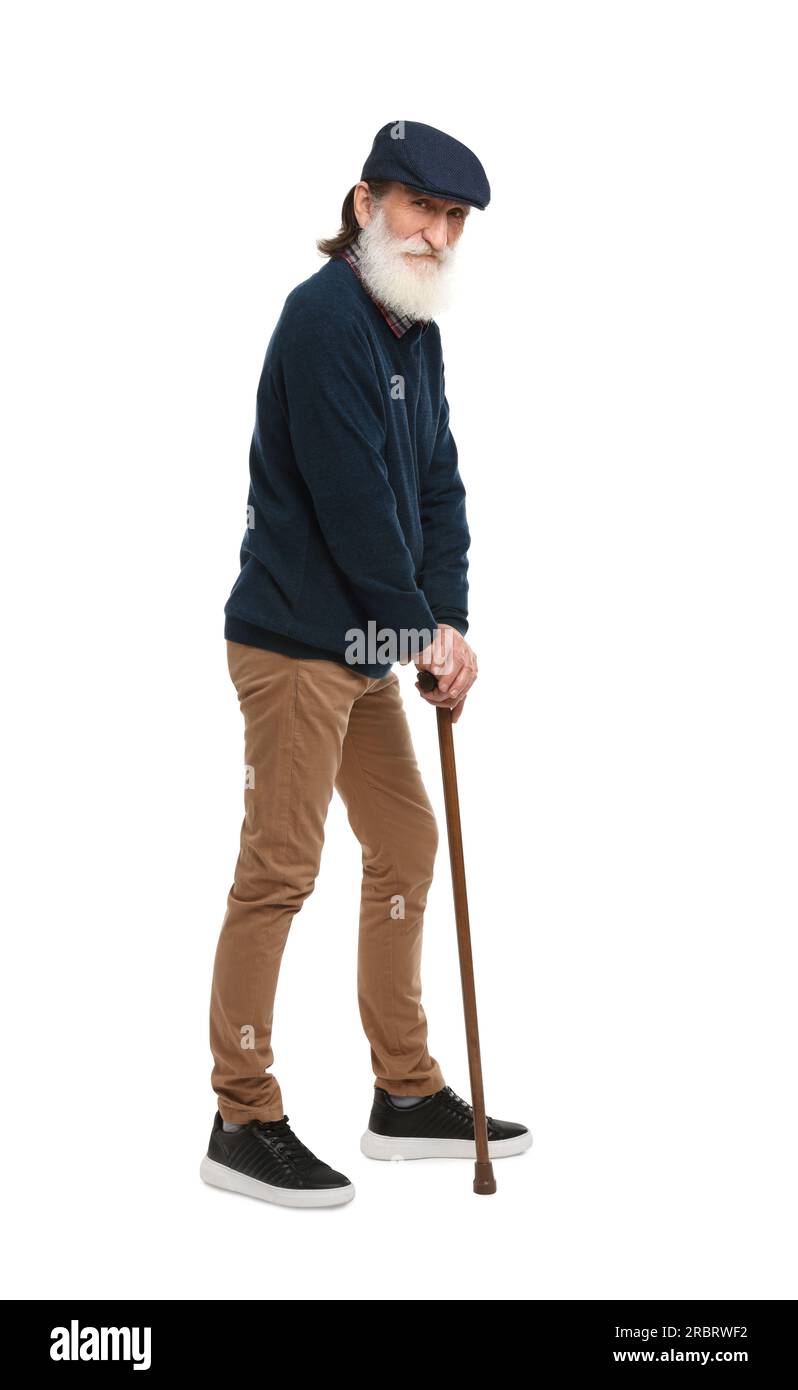 Senior man with walking cane on white background Stock Photo - Alamy