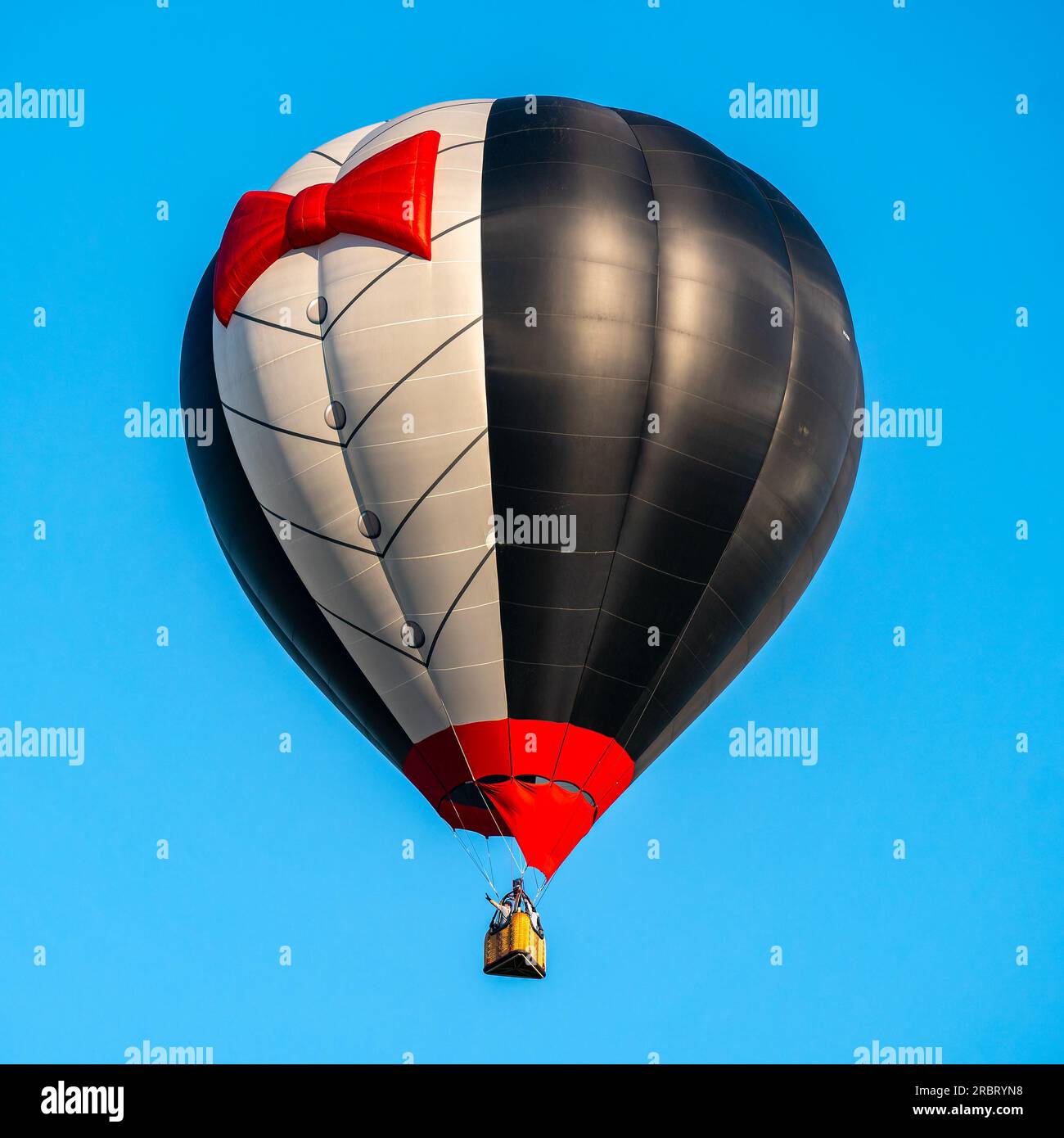 Hot air balloon tuxedo black tie style in air blue sky background with
