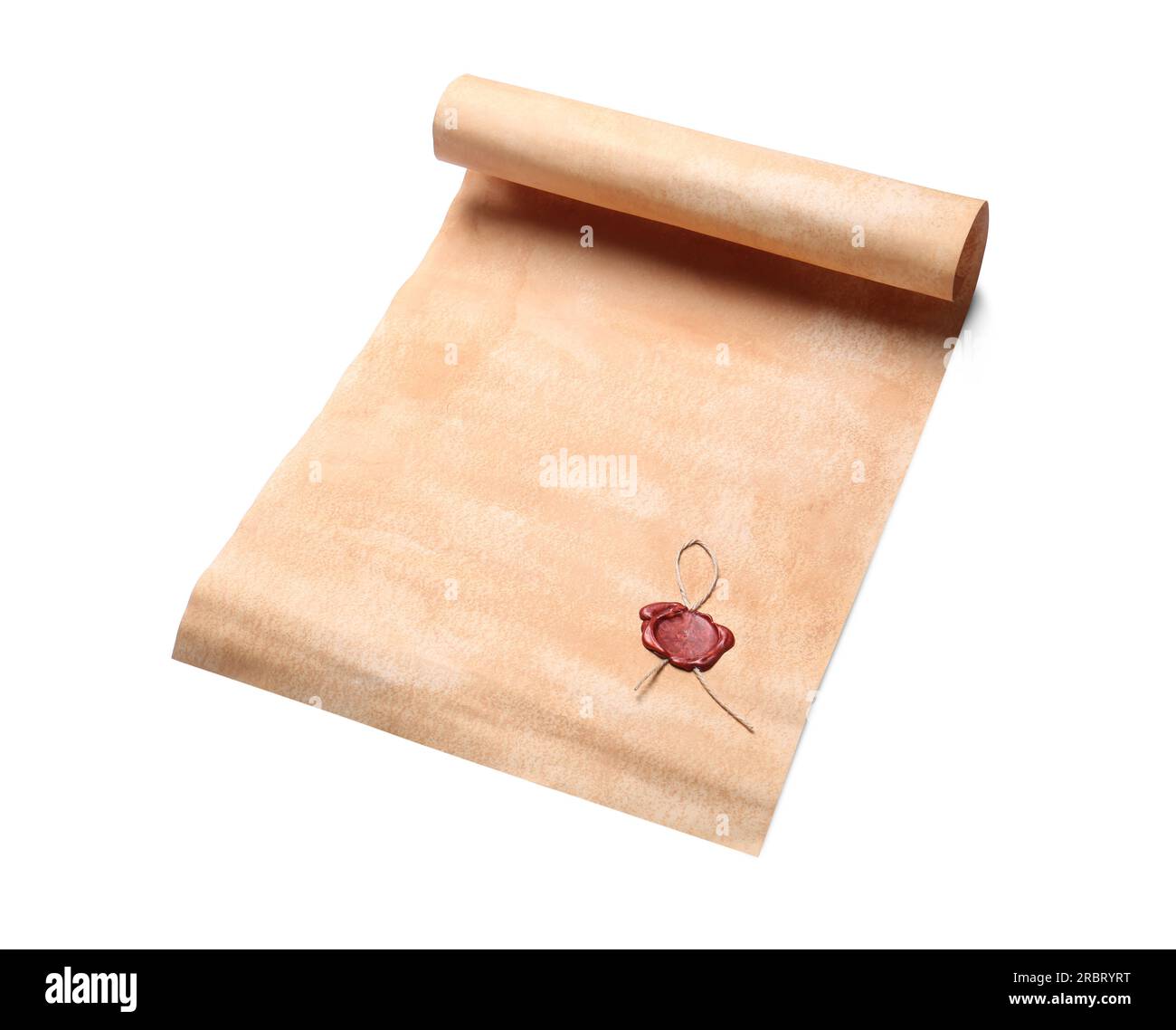 Sheet of old parchment paper with wax stamp on white background. Space