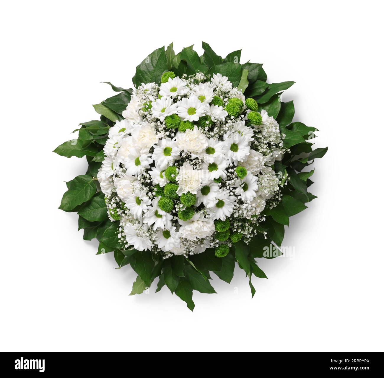 Funeral wreath of flowers on white background, top view Stock Photo