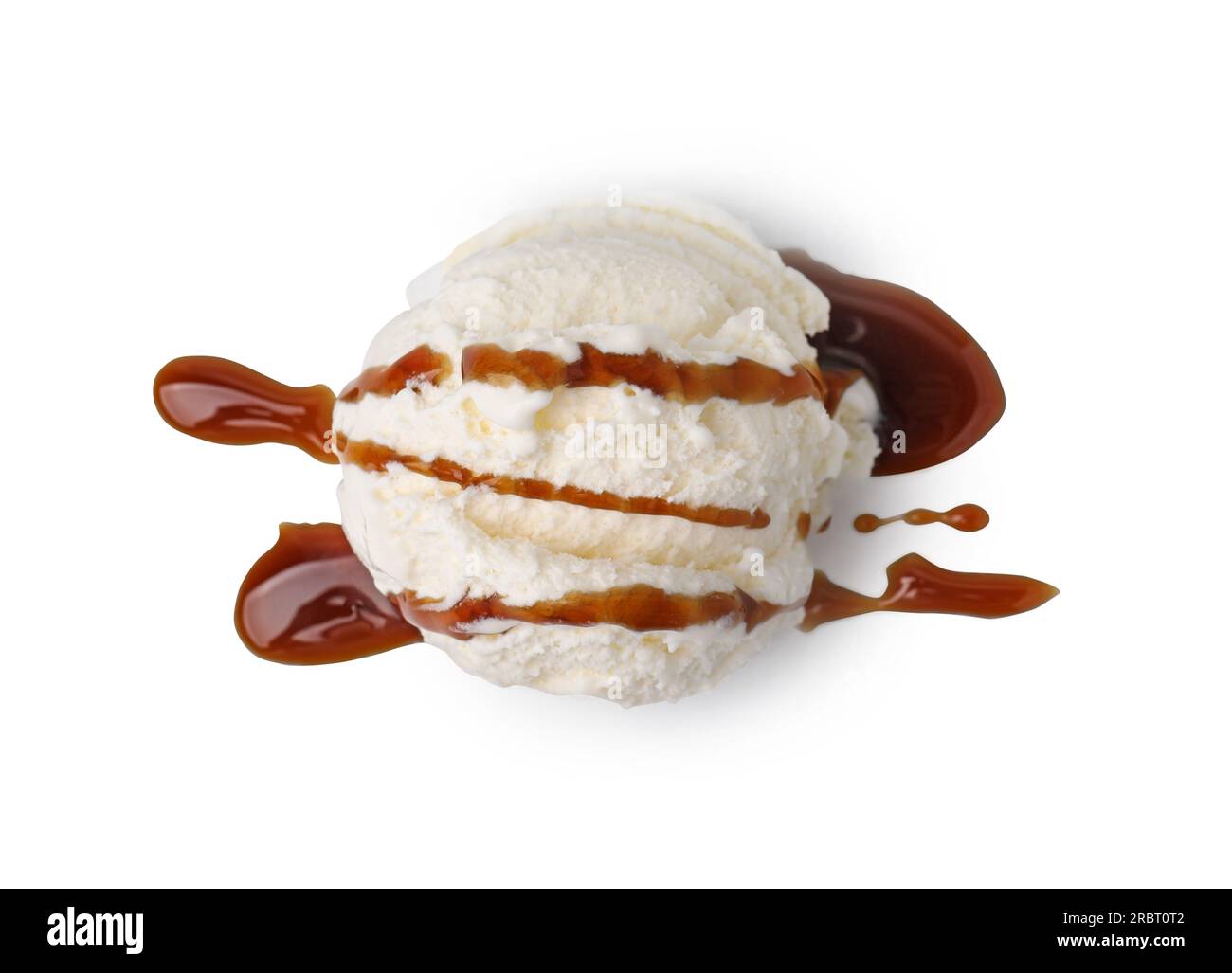 Scoop of ice cream with caramel sauce isolated on white, top view Stock ...