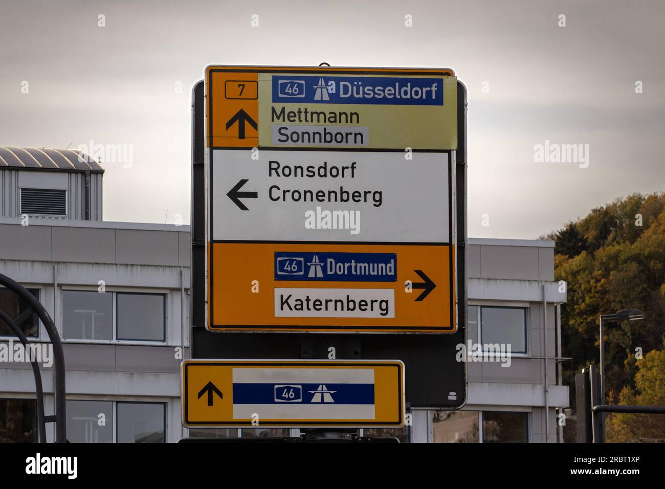 Picture of a german roadsign indicating various directions, notably the way to the german motorway to Dortmund and Dusseldorf and local villages: Mett Stock Photo