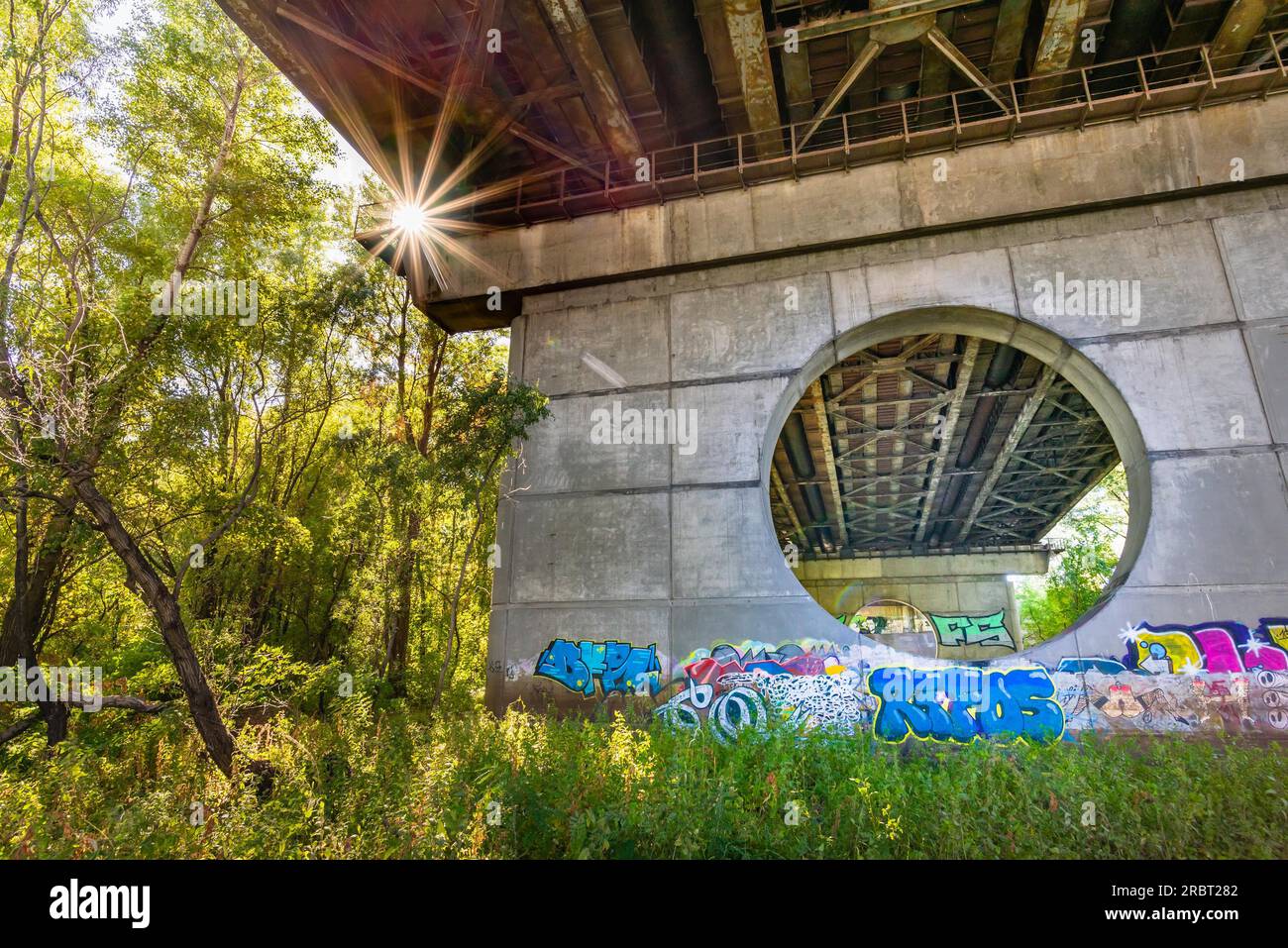 Kiev, Ukraine, Octobre 1, 2015, Under the Moscovsky bridge in Kiev, Ukraine. The old metal structure is attacked by rust. Grafitti are painted on the Stock Photo
