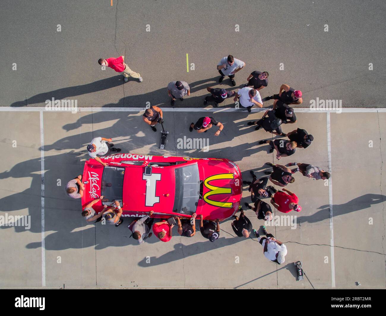 Concord, NC, Aug 04, 2015: The Chip Ganassi Racing teams practice their pit stops at Chip Ganassi Racing Headquarters in Concord, NC Stock Photo