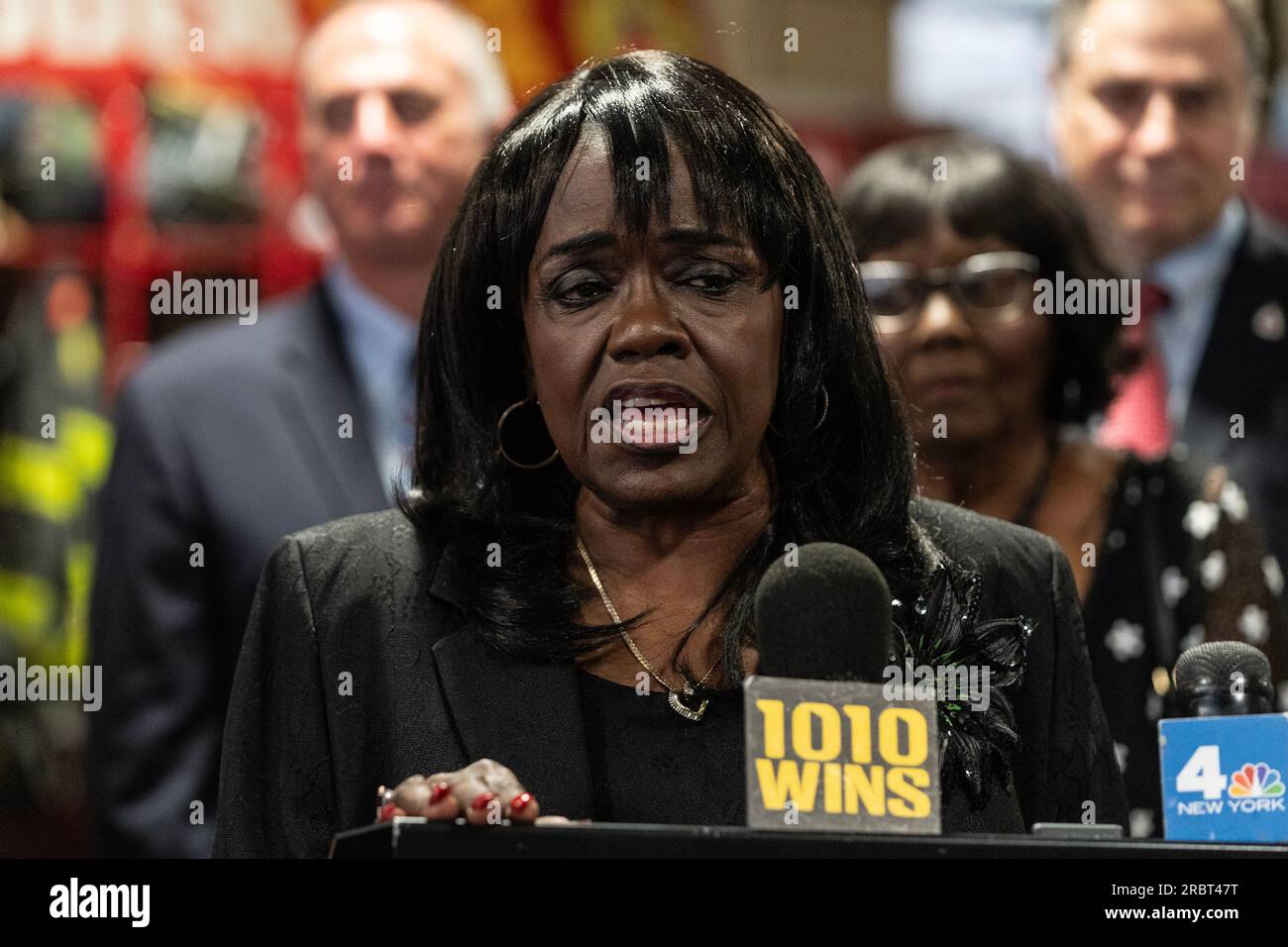 New York, USA. 10th July, 2023. Glwendolyn Webb speaks at press conference on anniversary of Children's Crusade or Children's March as it is known at FDNY Engine 1, Ladder 24 station in New York. March was held in Birmingham, Alabama on 2 - 10 May, 1963 and was attended by more than 5,000 school children, 3 of them joined this press conference: Gloria Washington, Gwendolyn Gamble, Gwyndolyn Webb. Members of FDNY at the time stood up against the City of Birmingham fire department using force against children. (Photo by Lev Radin/Pacific Press) Credit: Pacific Press Media Production Corp./Alamy  Stock Photo