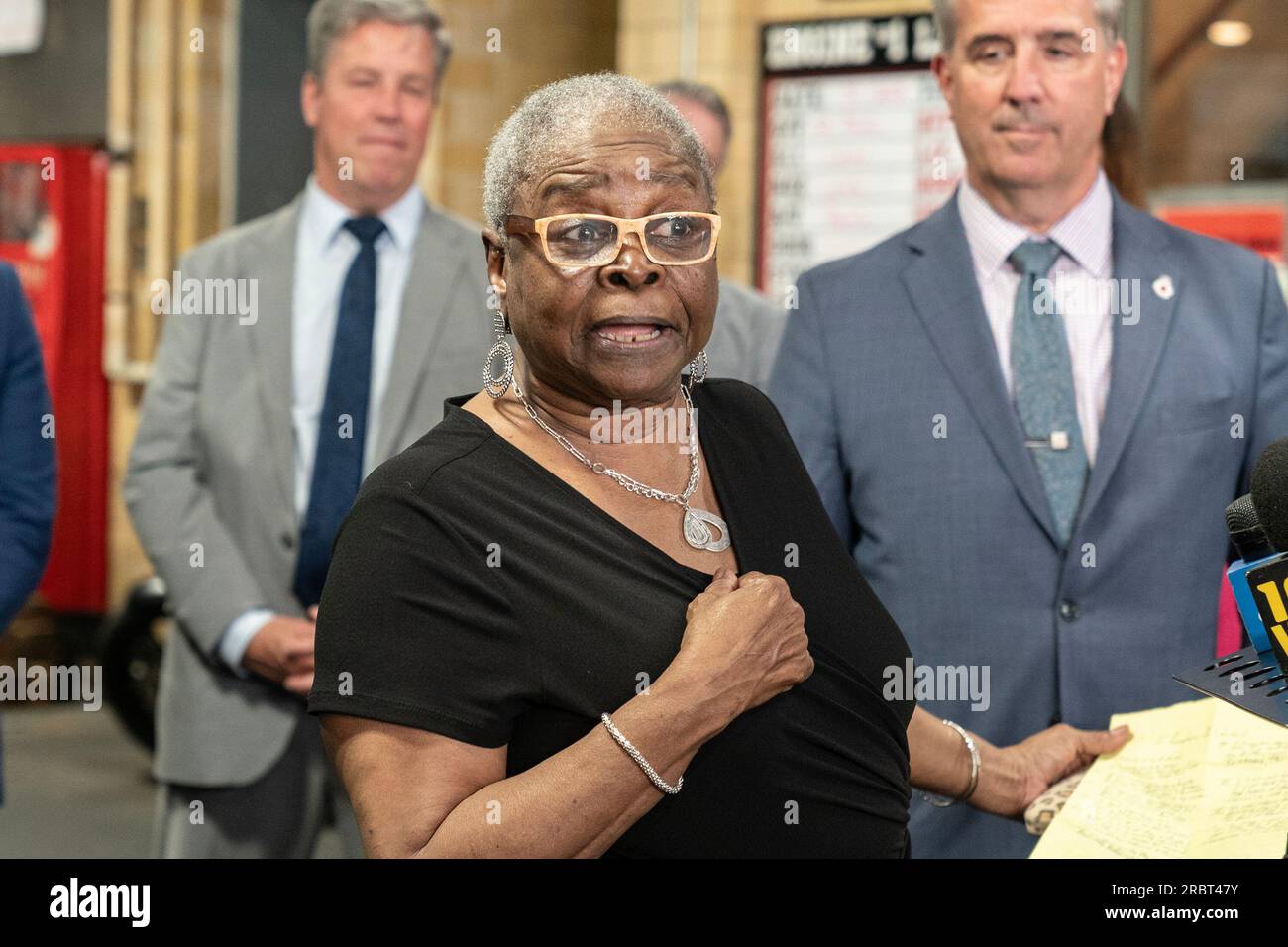 New York, USA. 10th July, 2023. Gloria Washington speaks at press conference on anniversary of Children's Crusade or Children's March as it is known at FDNY Engine 1, Ladder 24 station in New York. March was held in Birmingham, Alabama on 2 - 10 May, 1963 and was attended by more than 5,000 school children, 3 of them joined this press conference: Gloria Washington, Gwendolyn Gamble, Gwyndolyn Webb. Members of FDNY at the time stood up against the City of Birmingham fire department using force against children. (Photo by Lev Radin/Pacific Press) Credit: Pacific Press Media Production Corp./Alam Stock Photo