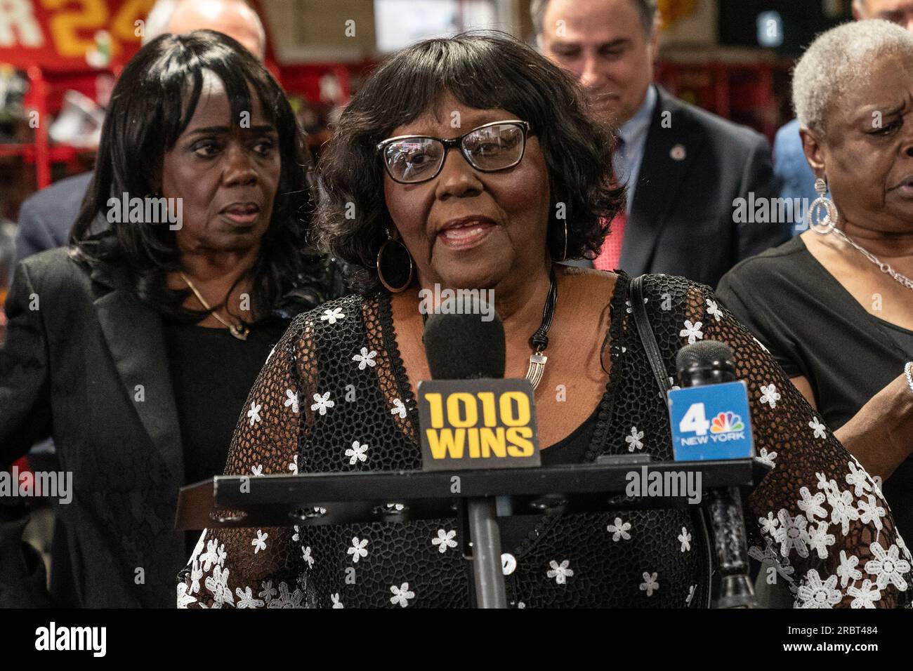 New York, USA. 10th July, 2023. Gwendolyn Gamble speaks at press conference on anniversary of Children's Crusade or Children's March as it is known at FDNY Engine 1, Ladder 24 station in New York. March was held in Birmingham, Alabama on 2 - 10 May, 1963 and was attended by more than 5,000 school children, 3 of them joined this press conference: Gloria Washington, Gwendolyn Gamble, Gwyndolyn Webb. Members of FDNY at the time stood up against the City of Birmingham fire department using force against children. (Photo by Lev Radin/Pacific Press) Credit: Pacific Press Media Production Corp./Alamy Stock Photo