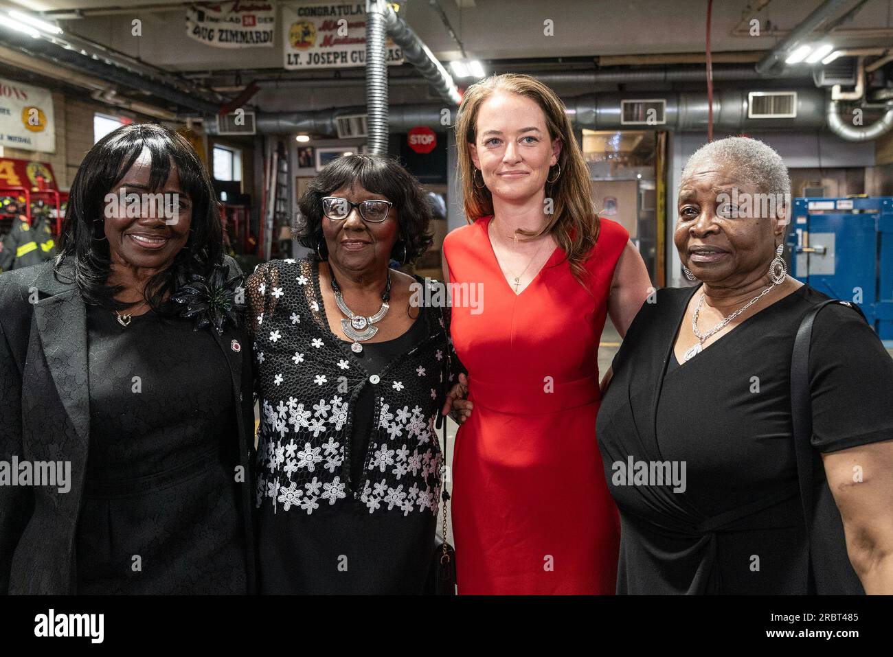 New York, USA. 10th July, 2023. Gwendolyn Webb, Gwendolyn Gamble, Laura Kavanagh, Gloria Washington attend a press conference on anniversary of Children's Crusade or Children's March as it is known at FDNY Engine 1, Ladder 24 station in New York. March was held in Birmingham, Alabama on 2 - 10 May, 1963 and was attended by more than 5,000 school children, 3 of them joined this press conference: Gloria Washington, Gwendolyn Gamble, Gwyndolyn Webb. Members of FDNY at the time stood up against the City of Birmingham fire department using force against children. (Photo by Lev Radin/Pacific Press)  Stock Photo