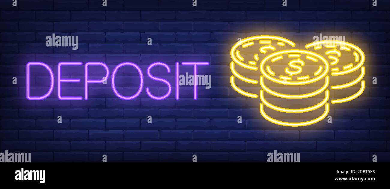 Deposit neon text with coins stacks Stock Vector