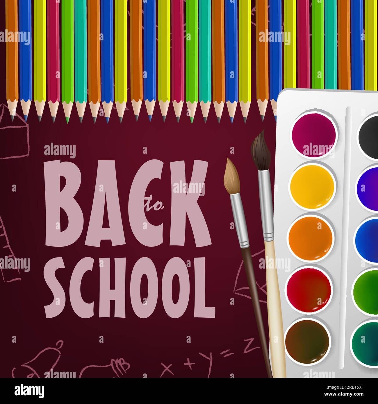 Back to school poster design with brushes, paint box Stock Vector Image
