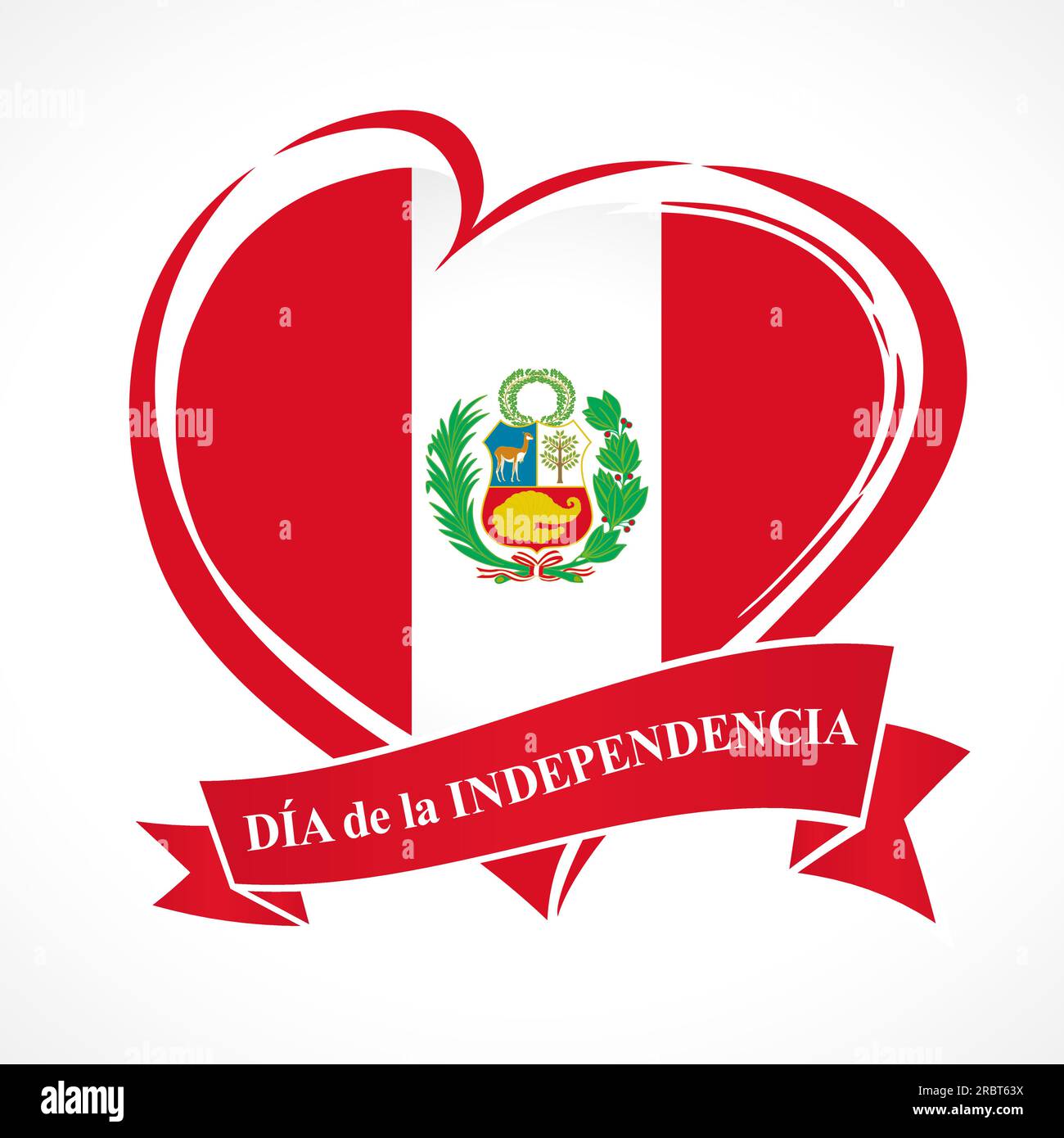 Peru heart banner with coat of arms and text Fiestas Patrias. Happy Independence Day Peru greeting card design. Creative heart logo. T shirt graphic Stock Vector