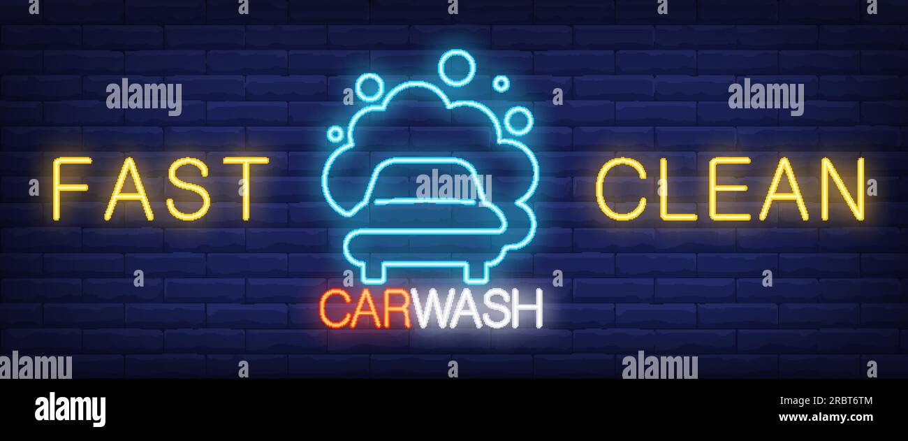 Fast clean, carwash neon text with car in foam Stock Vector